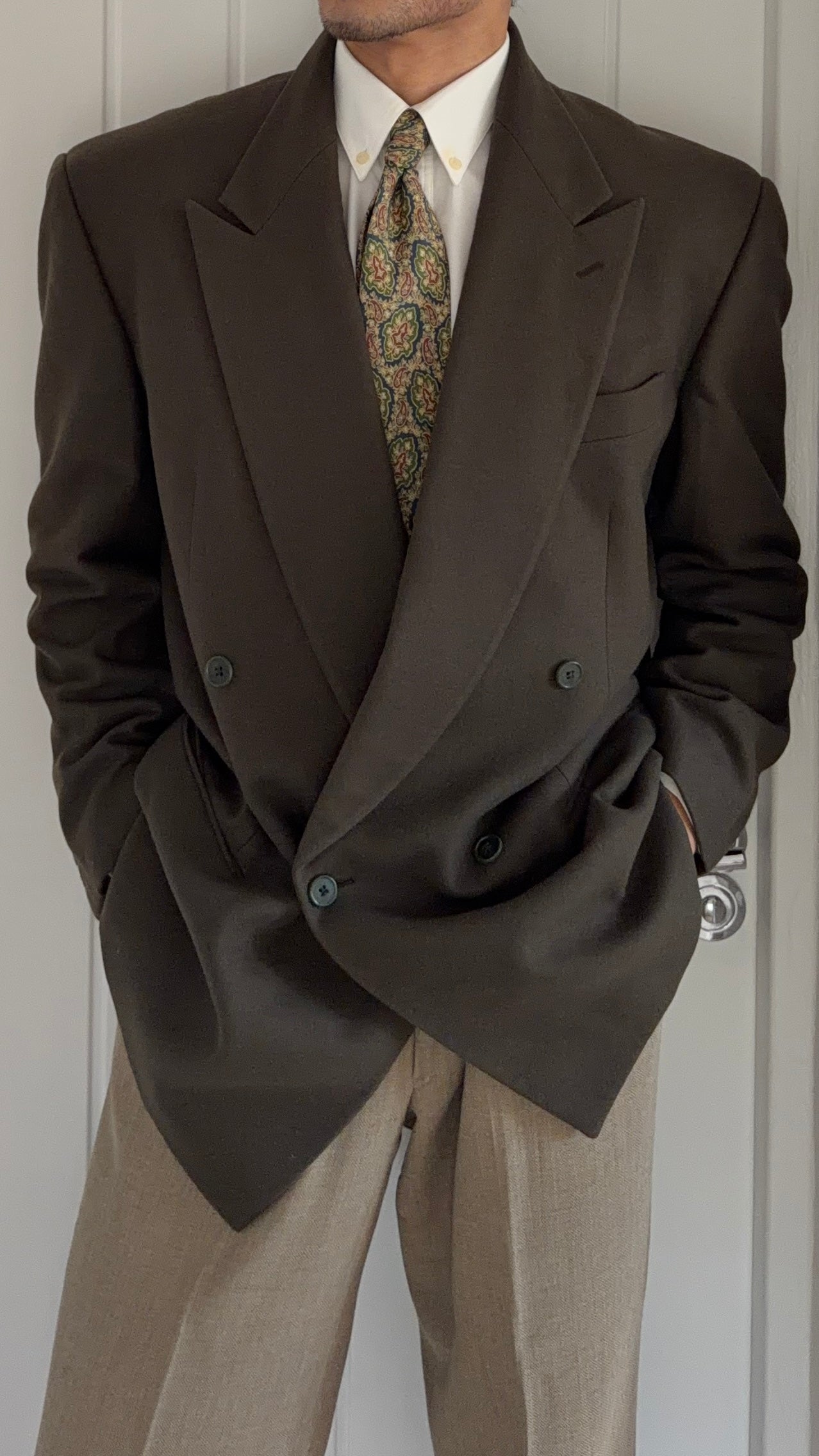 80s 90s GIORGIO ARMANI ジャケット 46 Giorgio Armani 1980s Peaked Lapel Double Breasted Wool Green Sport