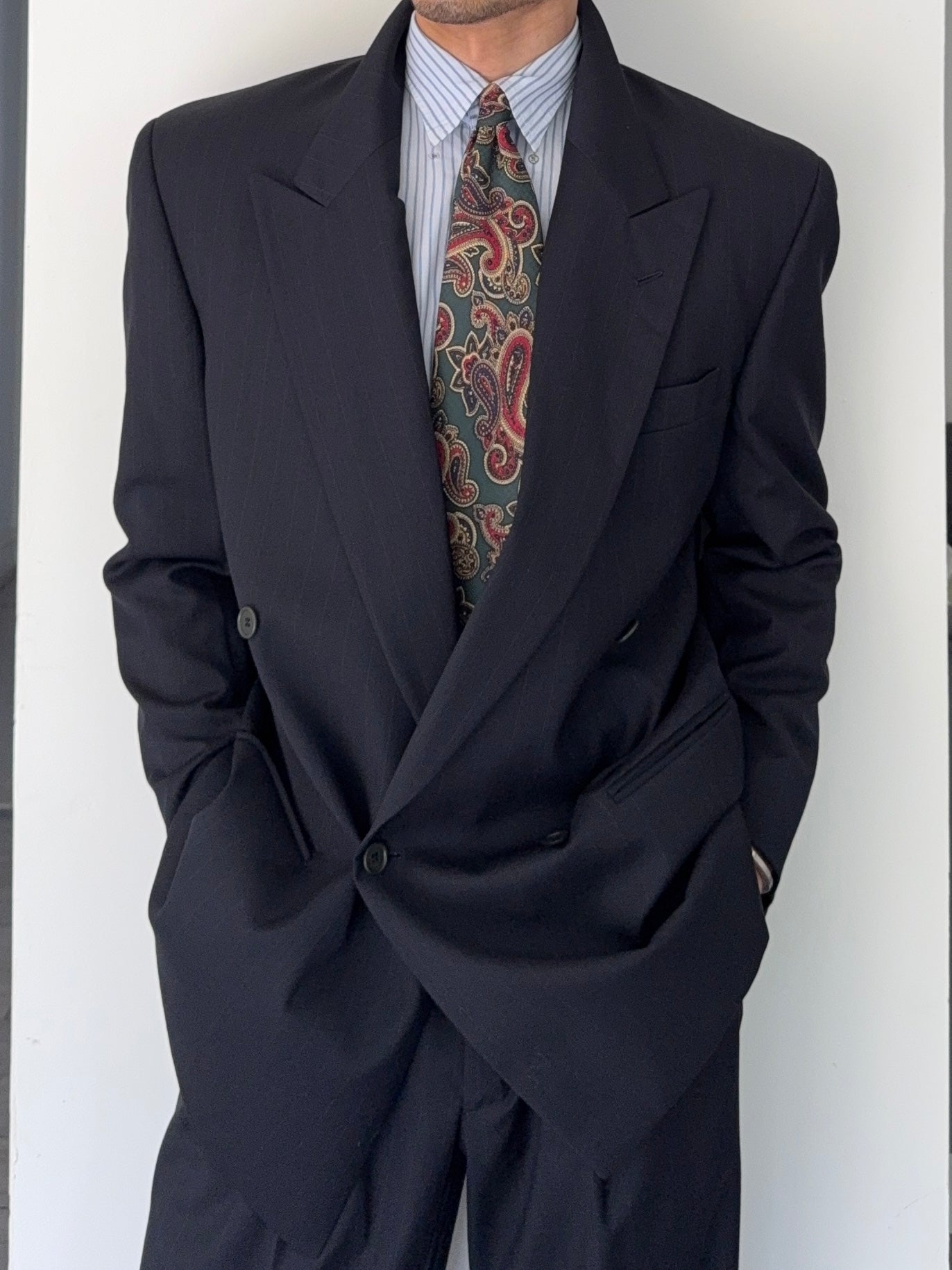 Emporio Armani AW1993 Peaked Lapel Double Breasted Wool Suit Navy