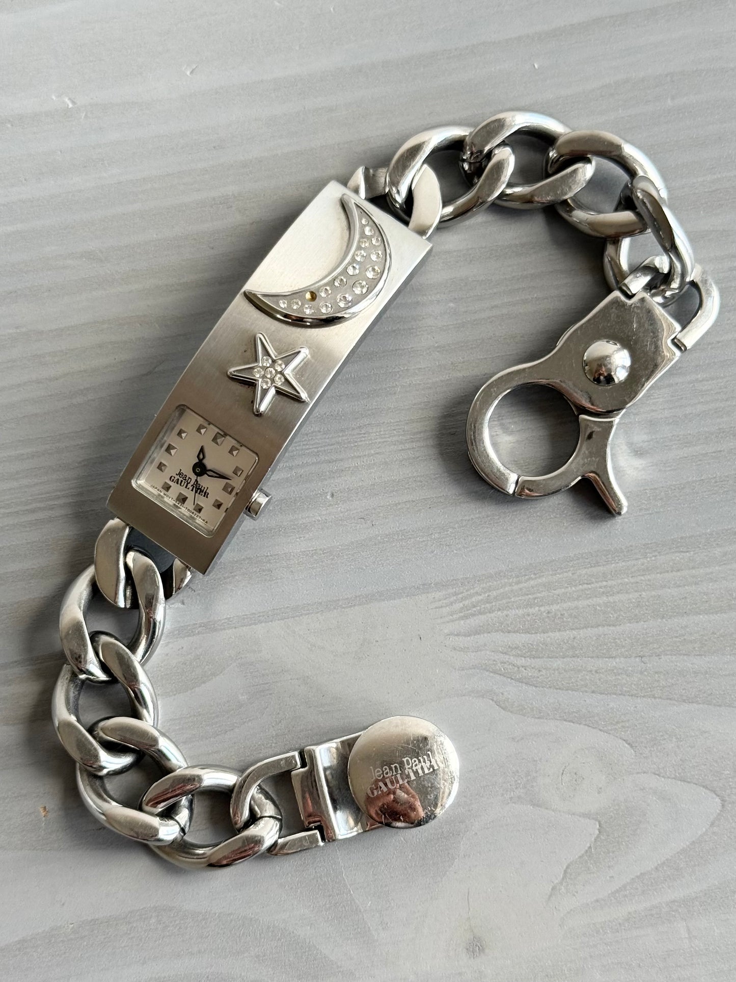 Jean Paul Gaultier 00s 3D Studded Moon Star Motif Stainless Steel Watch Bracelet