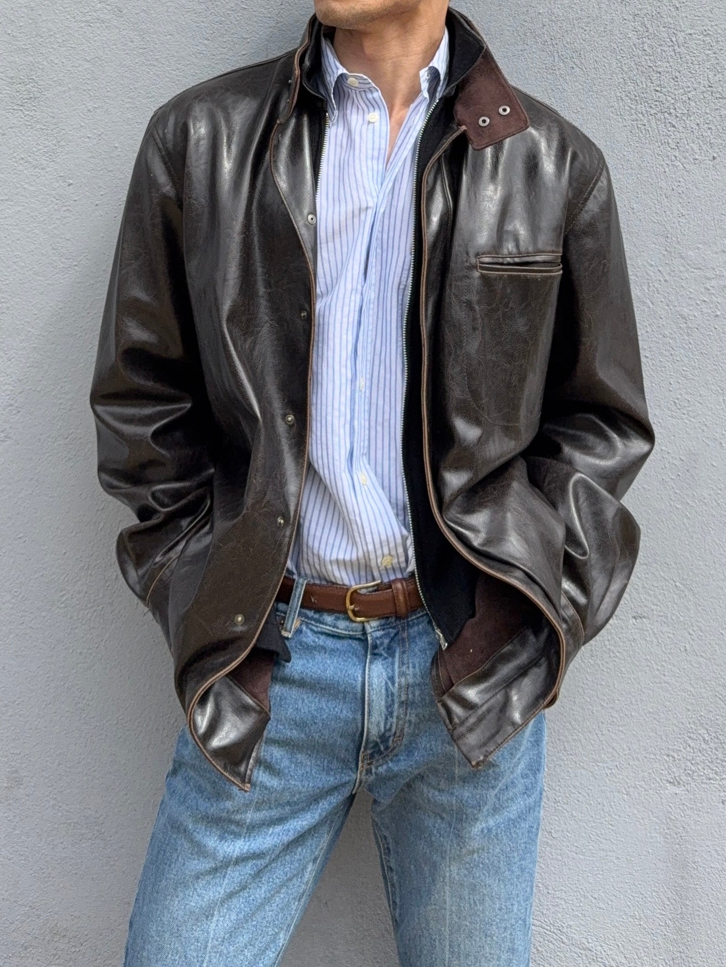 Armani 2004 Aged Leather Effect Snap-Front Jacket - Size XL Armani 2004 Aged Leather Effect Snap-Front Jacket - Size XL
