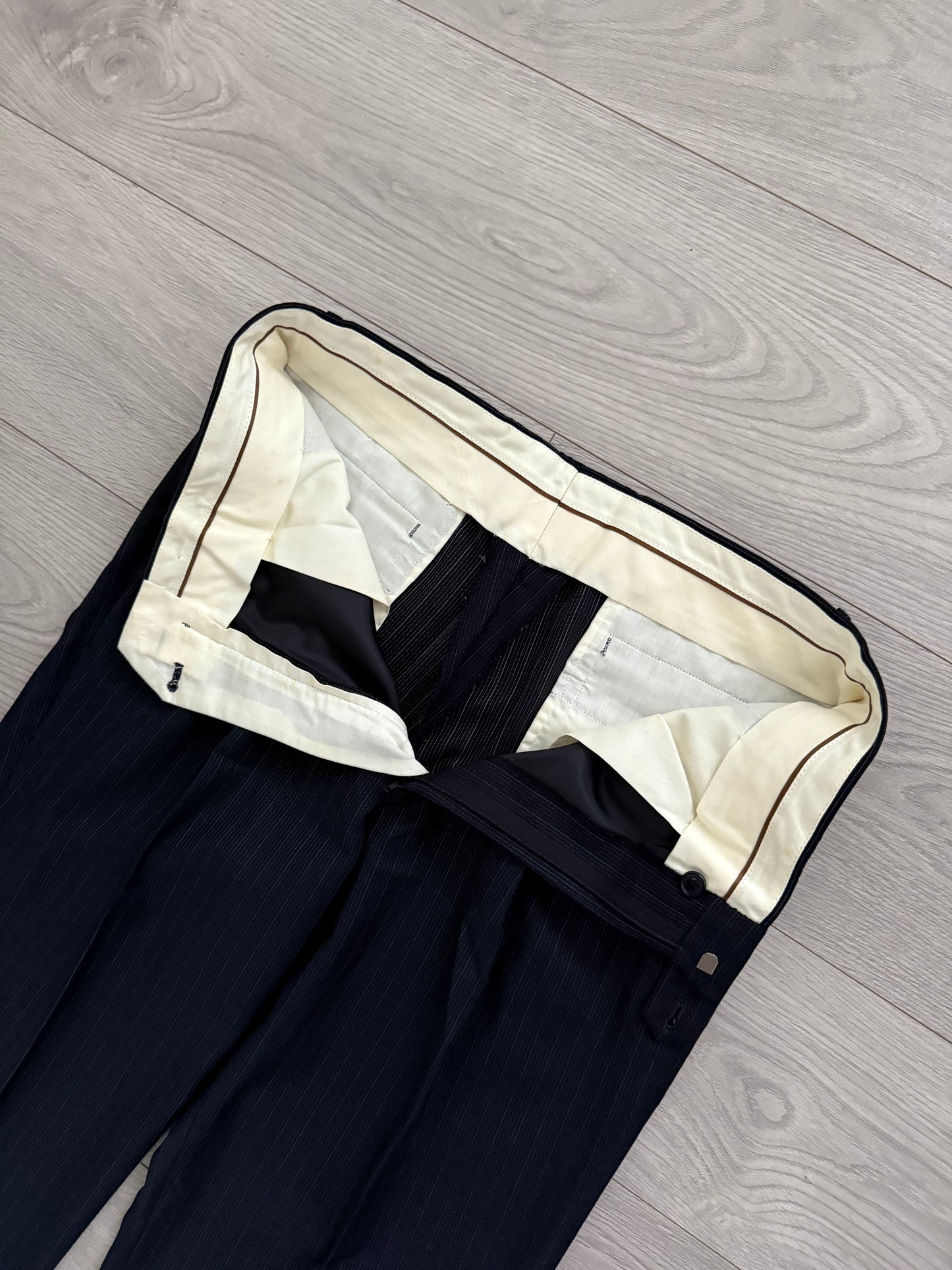 Yves Saint Laurent 1990s Double-Breasted Striped Wool Suit - Size L / 34" Waist