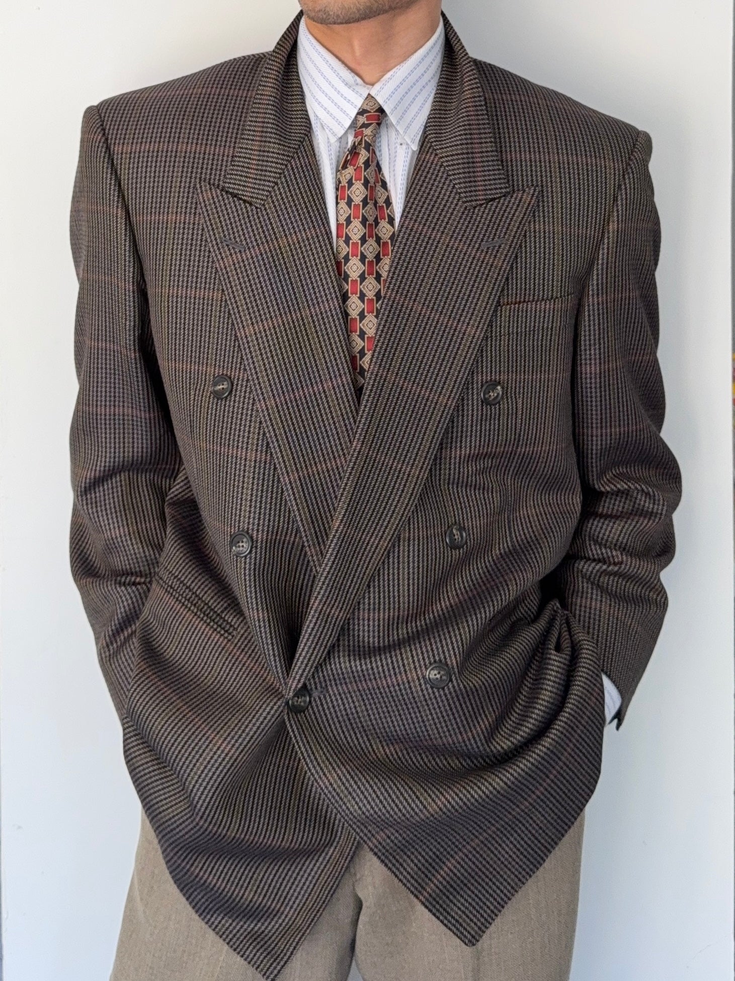 Givenchy 1980s Wool Check Peaked Lapel Double Breasted Sports
