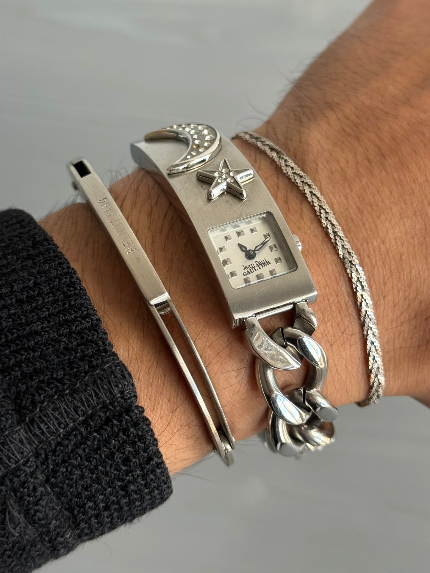 Jean Paul Gaultier 00s 3D Studded Moon Star Motif Stainless Steel Watch Bracelet