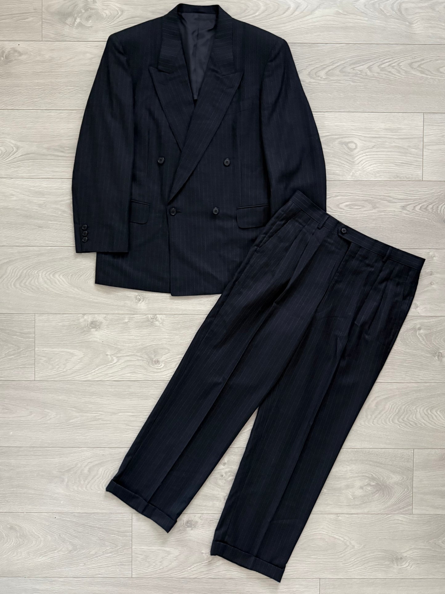 Yves Saint Laurent 1990s Double-Breasted Striped Wool Suit - Size L / 34" Waist