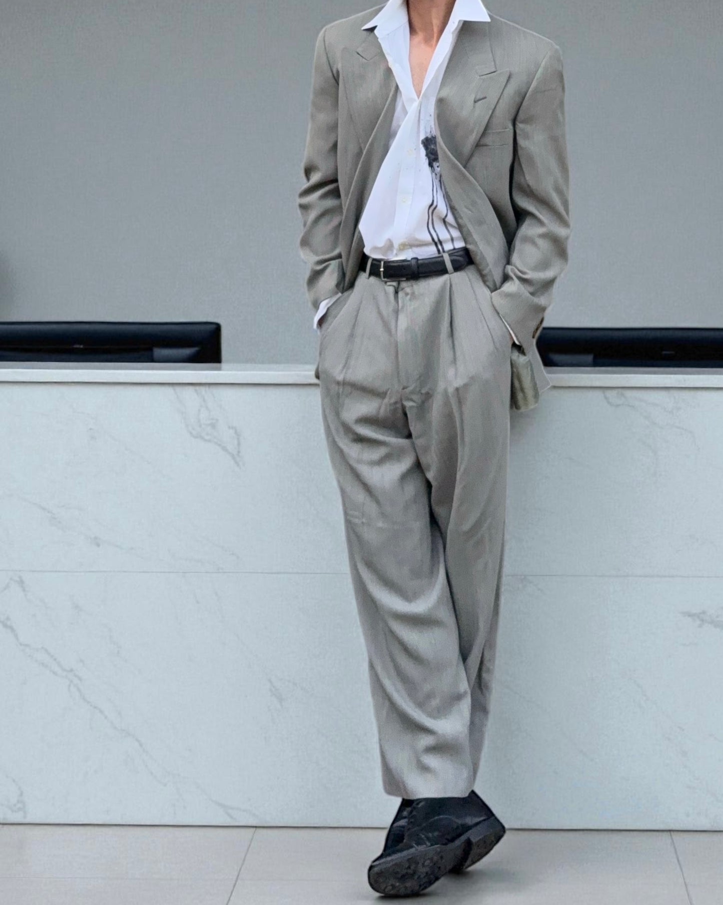 Emporio Armani 1990s Double-Breasted Wool Grey Suit - Size M Jacket / 30" Waist