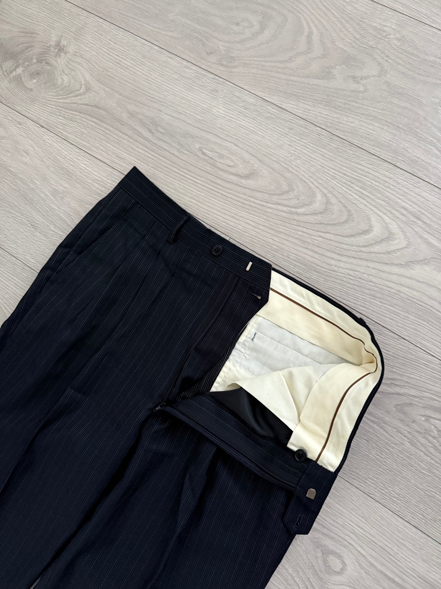 Yves Saint Laurent 1990s Double-Breasted Striped Wool Suit - Size L / 34" Waist