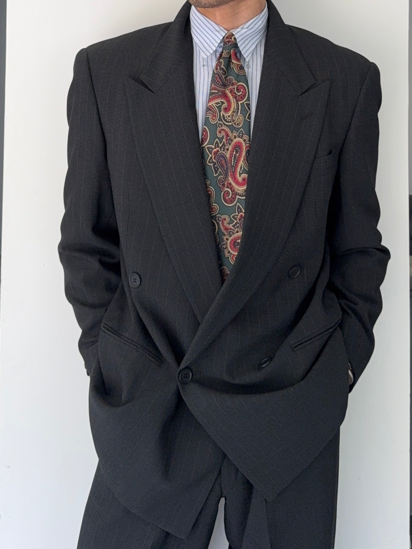 Giorgio Armani 1980s Peaked Lapel Double Breasted Wool Suit Green