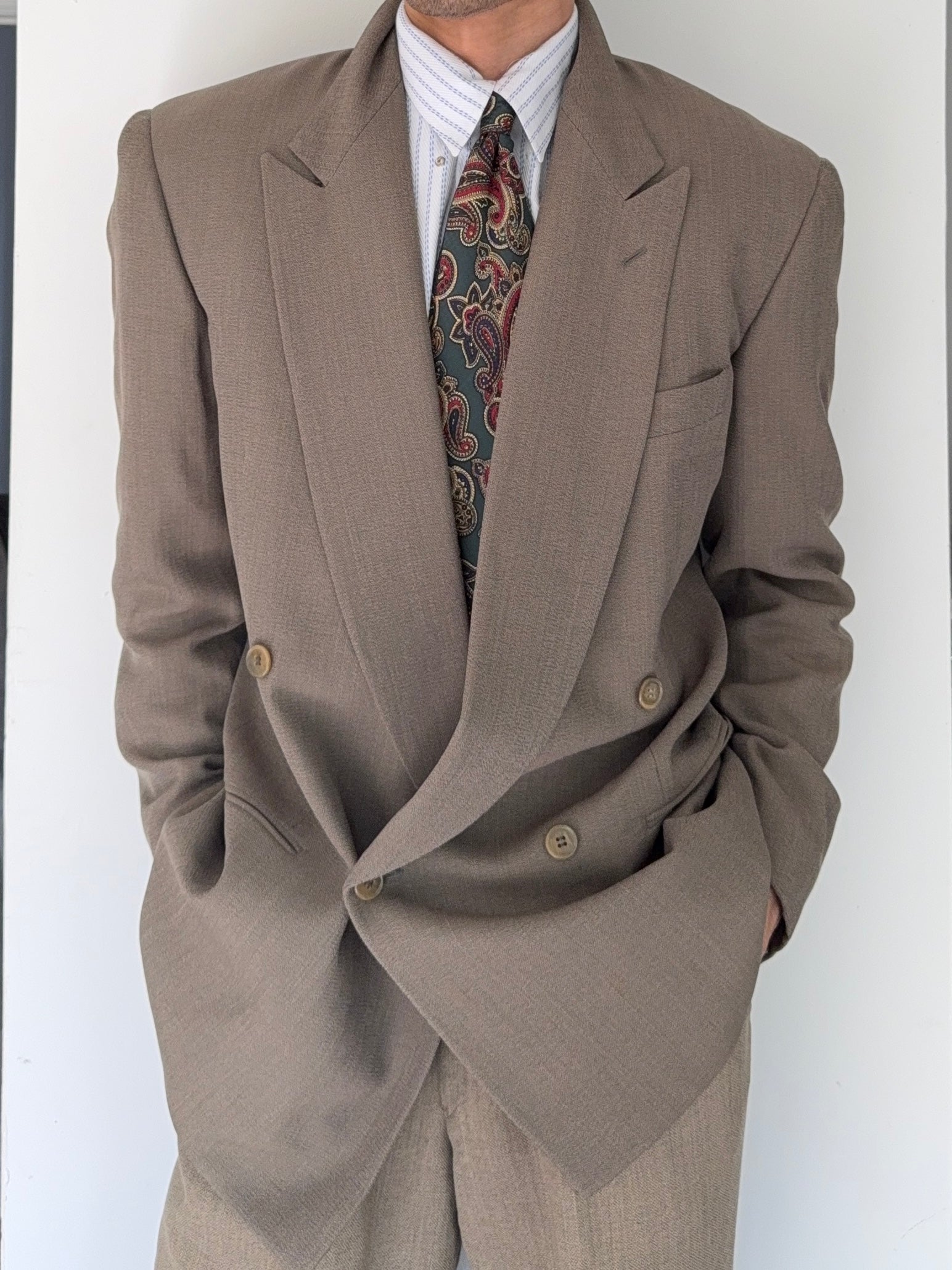 Giorgio Armani 1980s Taupe Beige Peaked Lapel Double Breasted