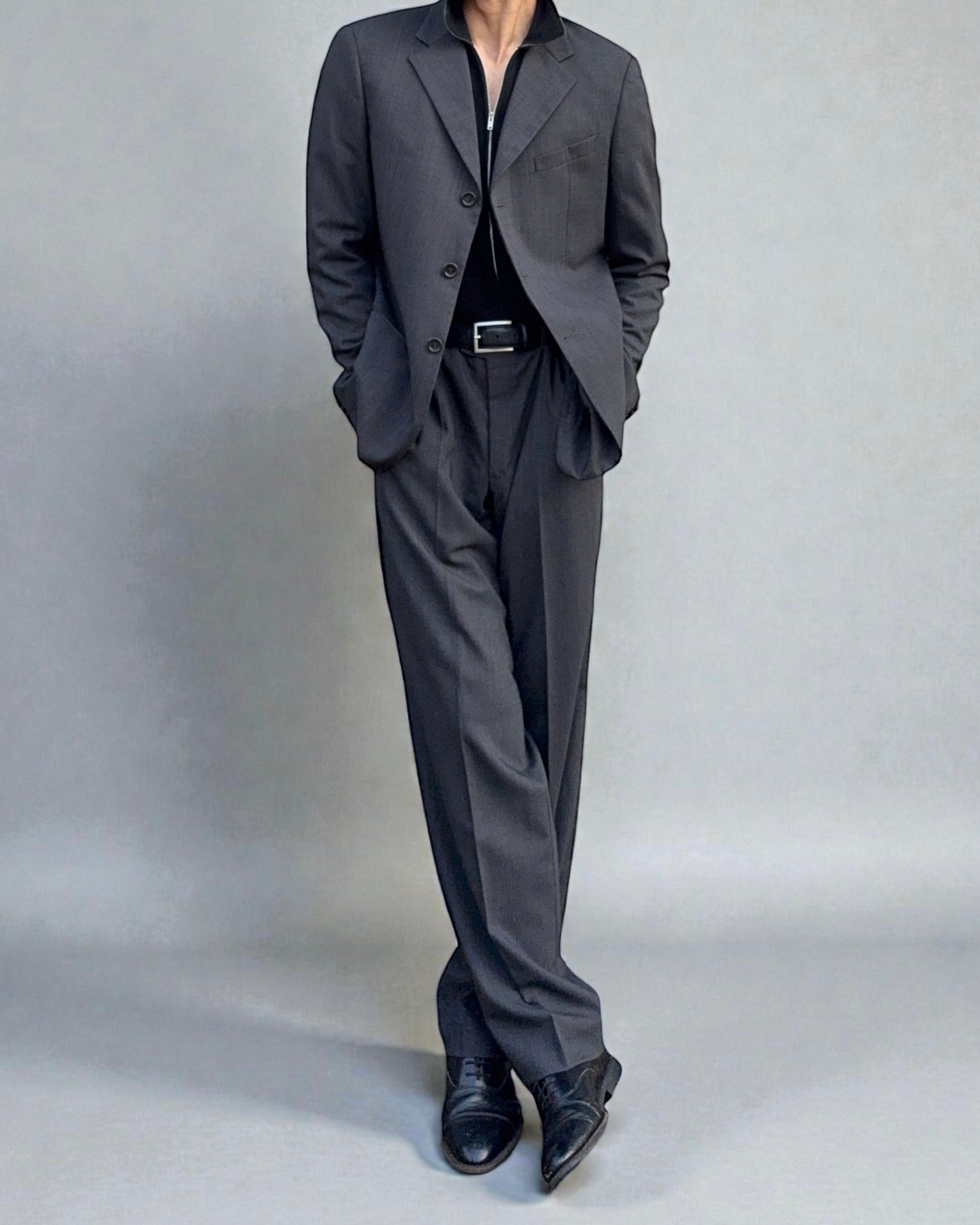 Armani 1990s 3B Charcoal Grey Pleated Wool Suit - Size L Jacket