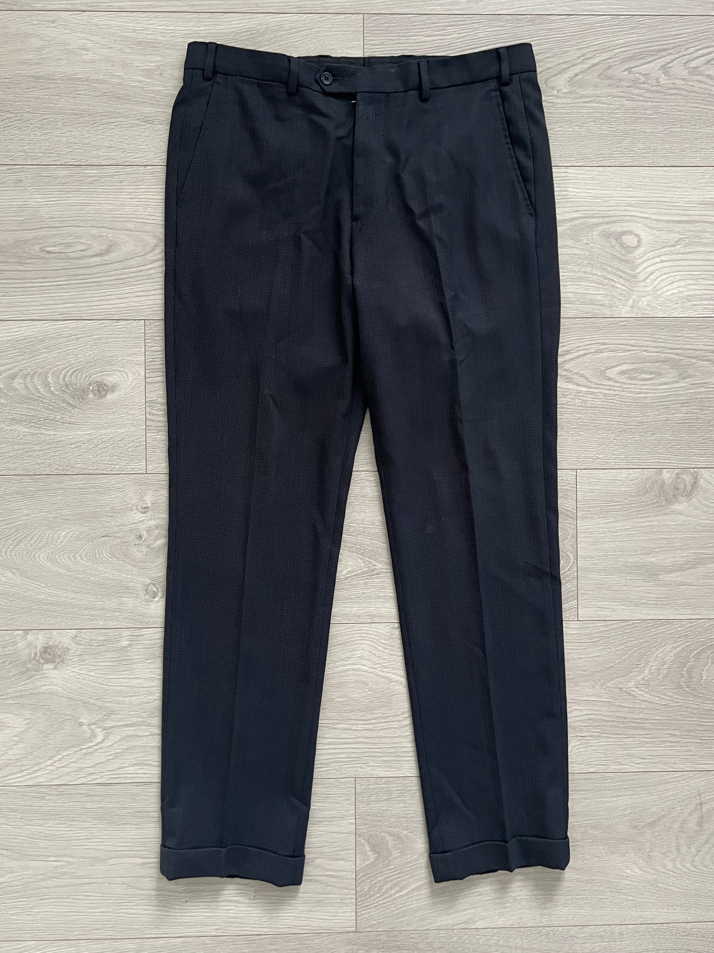 Armani Wool Pleated Blue Textured Suit - Size L Jacket / 34" Waist