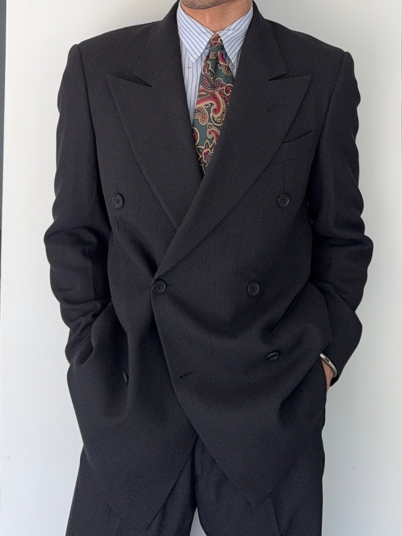 未使用 80s GIORGIO ARMANI ウール ジャケット 42 黒 Giorgio Armani 1980s 6B Peaked Lapel Double Breasted Woven Wool