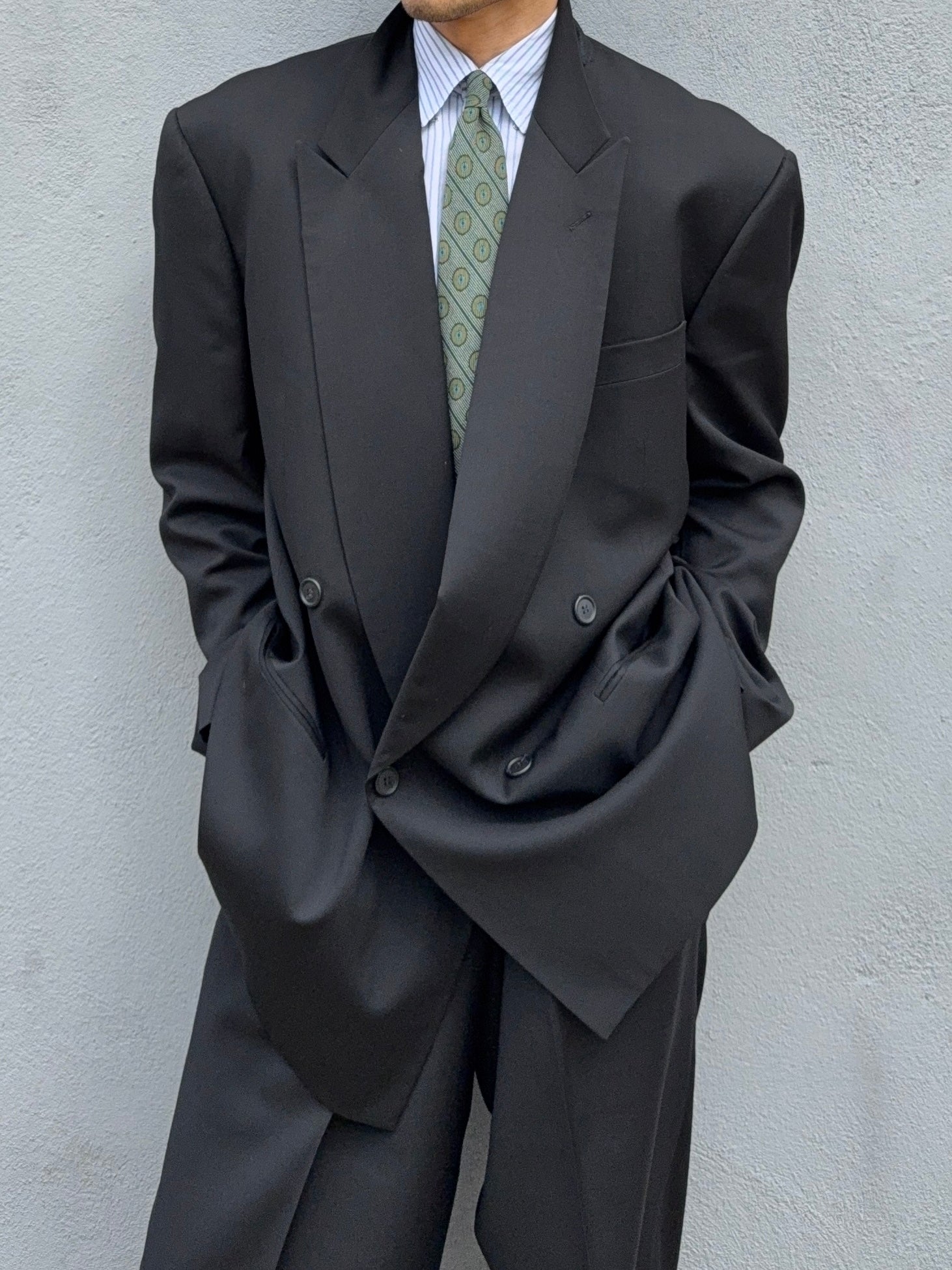 Giorgio Armani 1980s Peaked Lapel Double Breasted Pleated Black