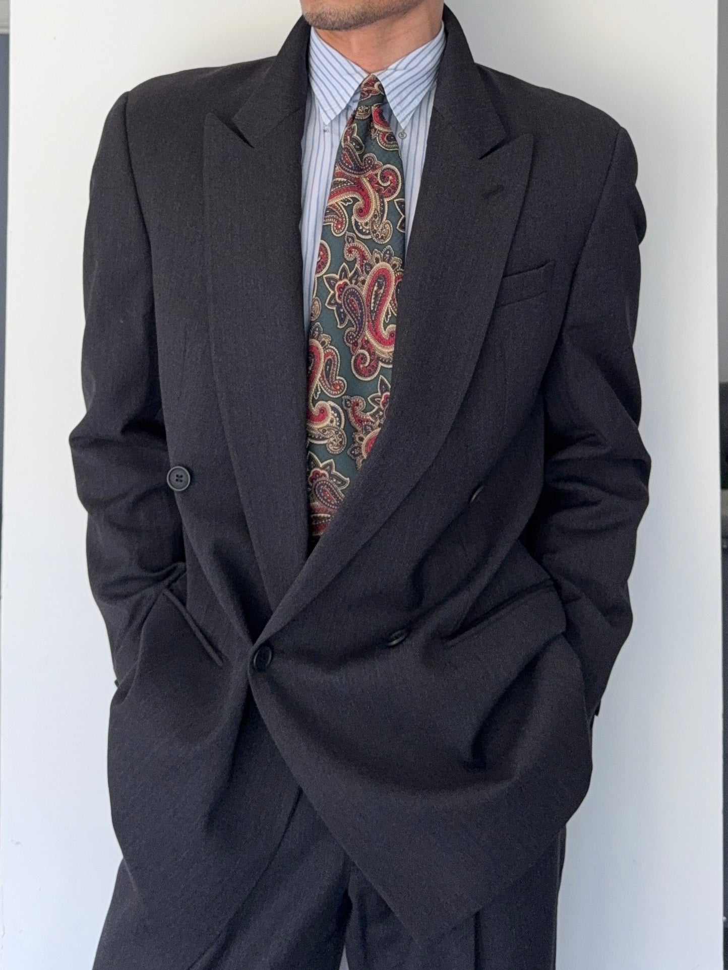 Armani 1990s Peaked Lapel Double Breasted Pleated Wool Suit