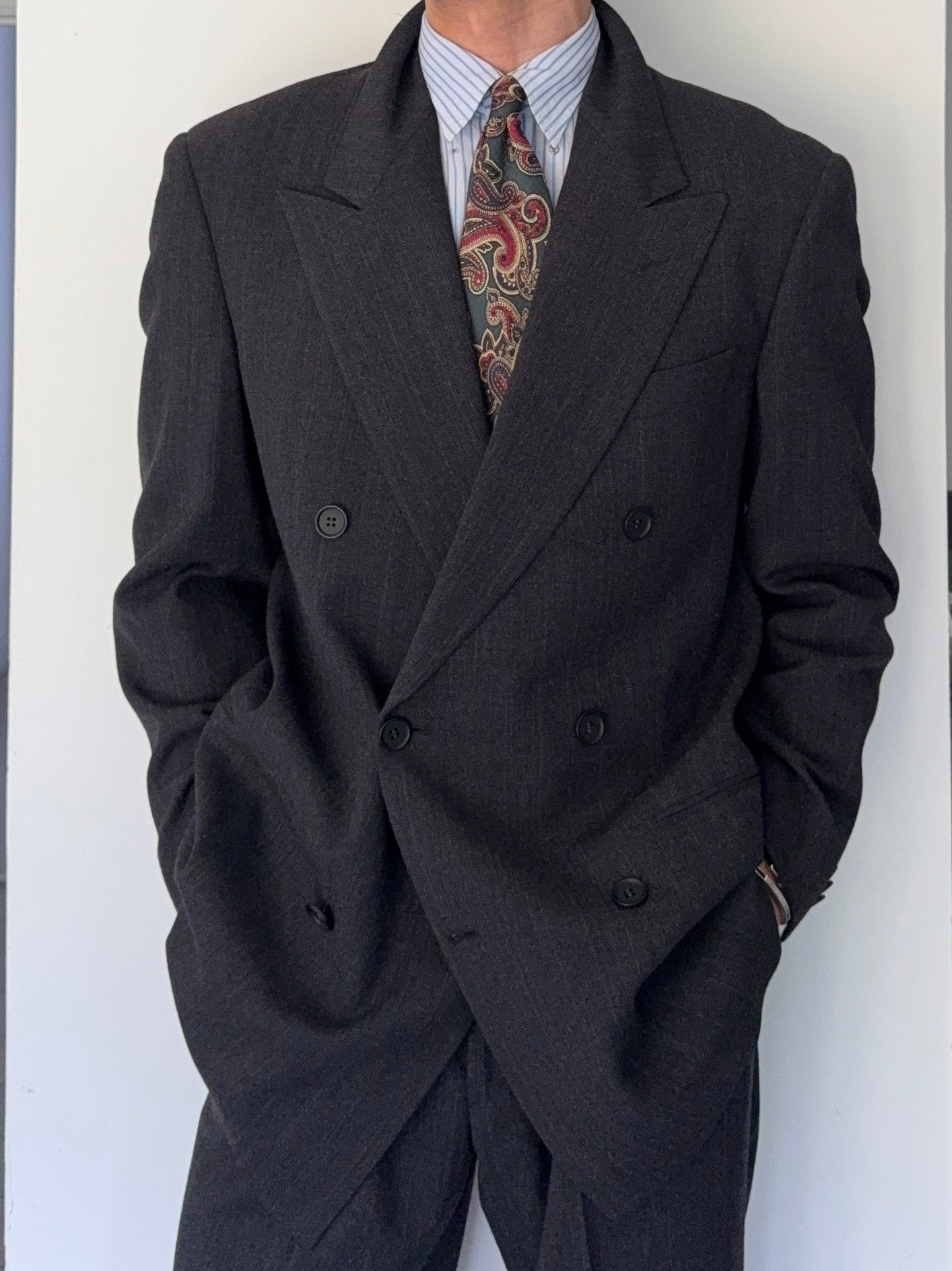 Giorgio Armani 1980s 6B Double Breasted Peaked Lapel Pleated Wool
