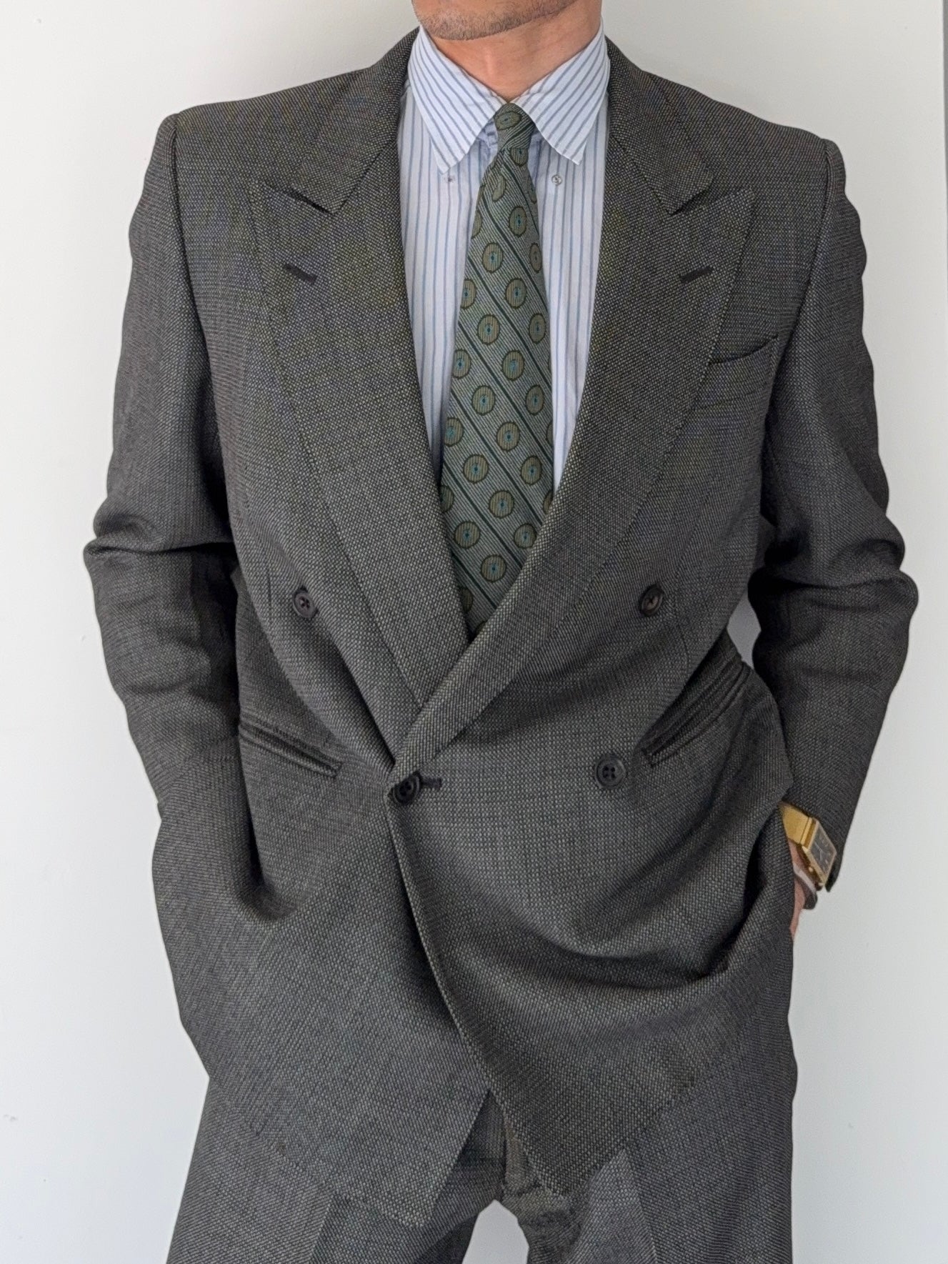 Burberry 1980s Peaked Lapel Double Breasted Pleated Wool Suit Grey