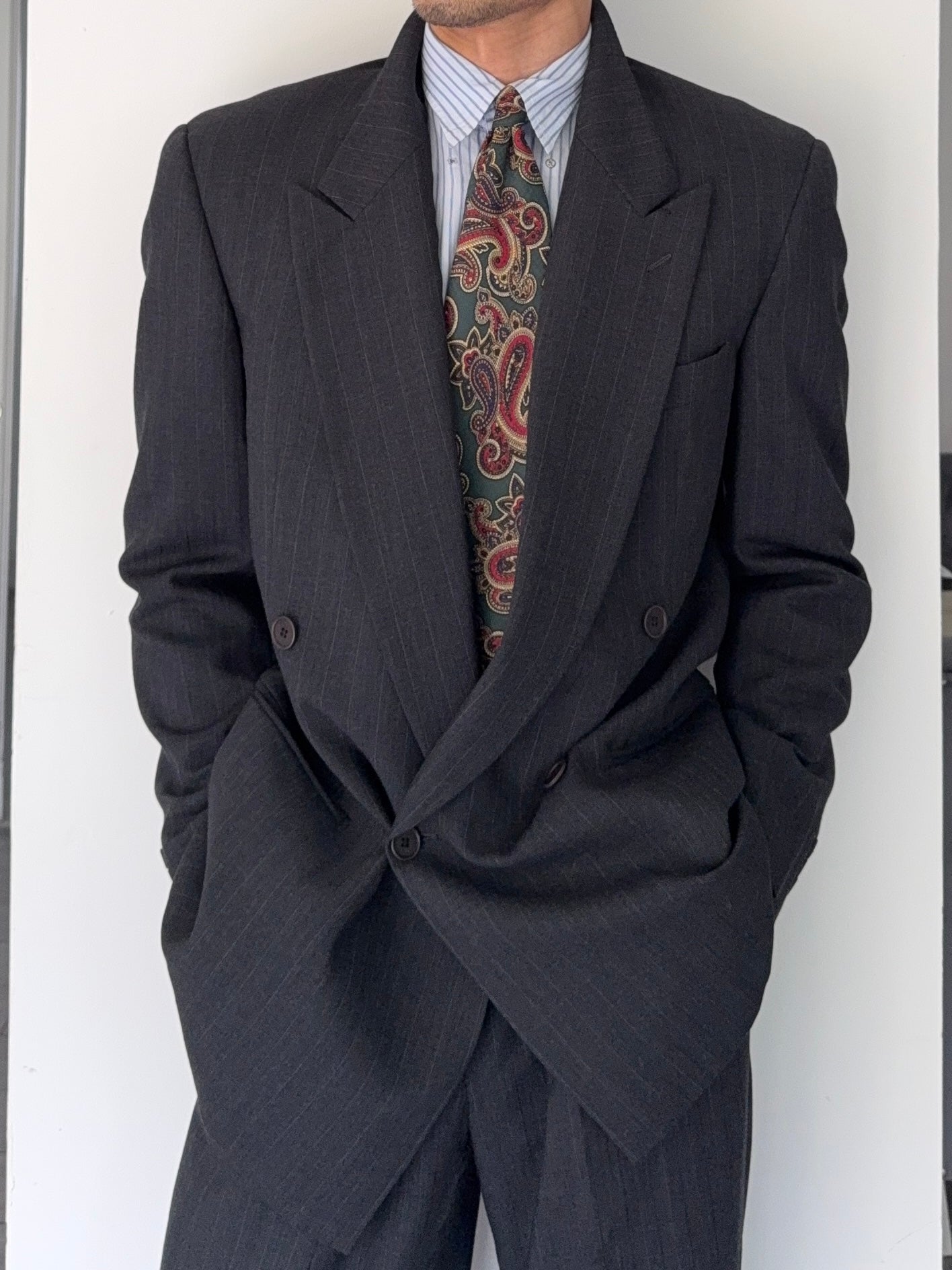 Giorgio Armani 1980s Peaked Lapel Double Breasted Pinstriped Grey