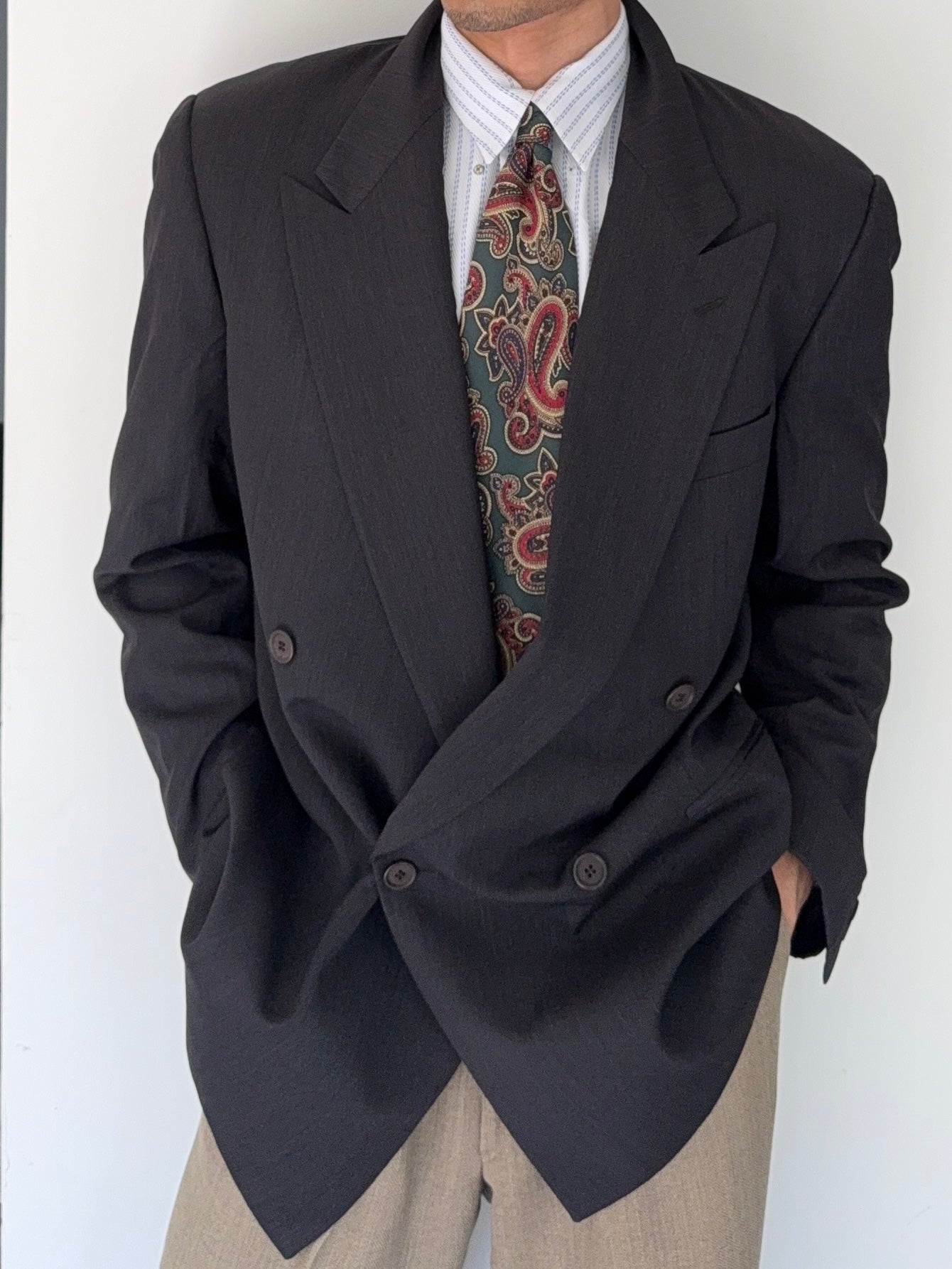 Giorgio Armani 1980s Grey Peaked Lapel Double Breasted Wool Sports