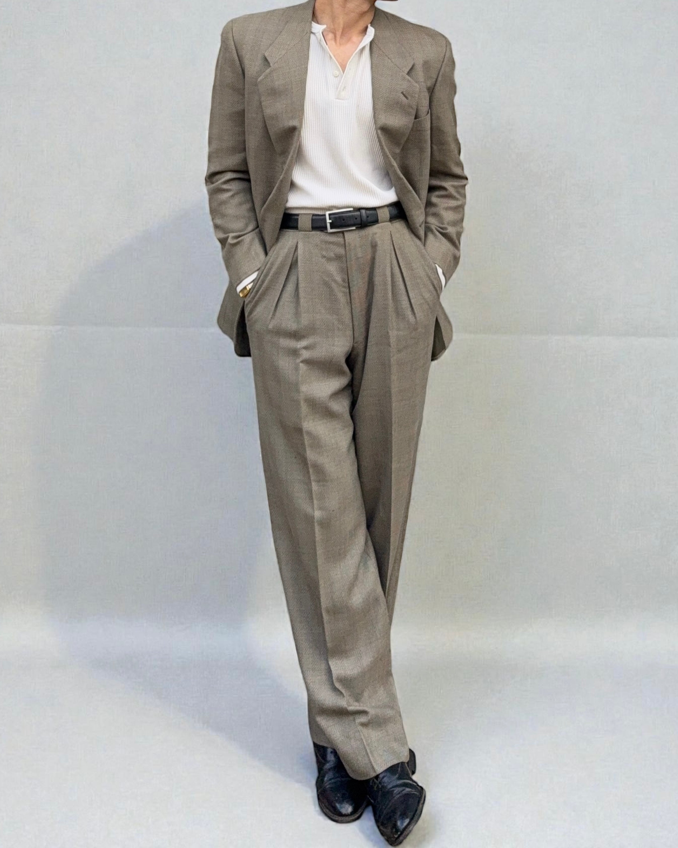 Giorgio Armani 1980s High Waisted Pleated Herringbone Suit - Size
