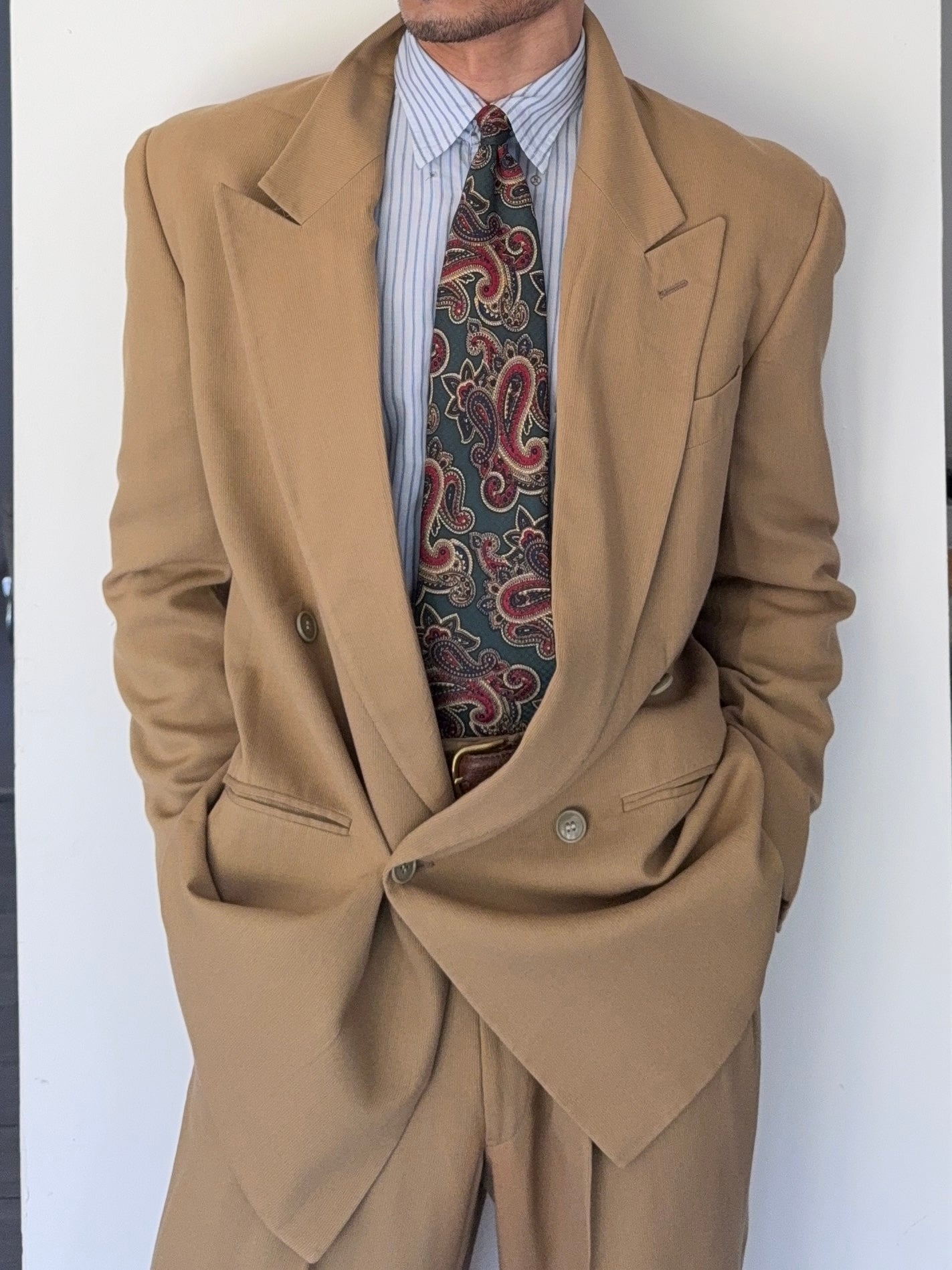 スーツ 90s EMPORIO ARMANI Stand Collar Corduroy Emporio Armani 1990s Peaked Lapel Double Breasted Draped
