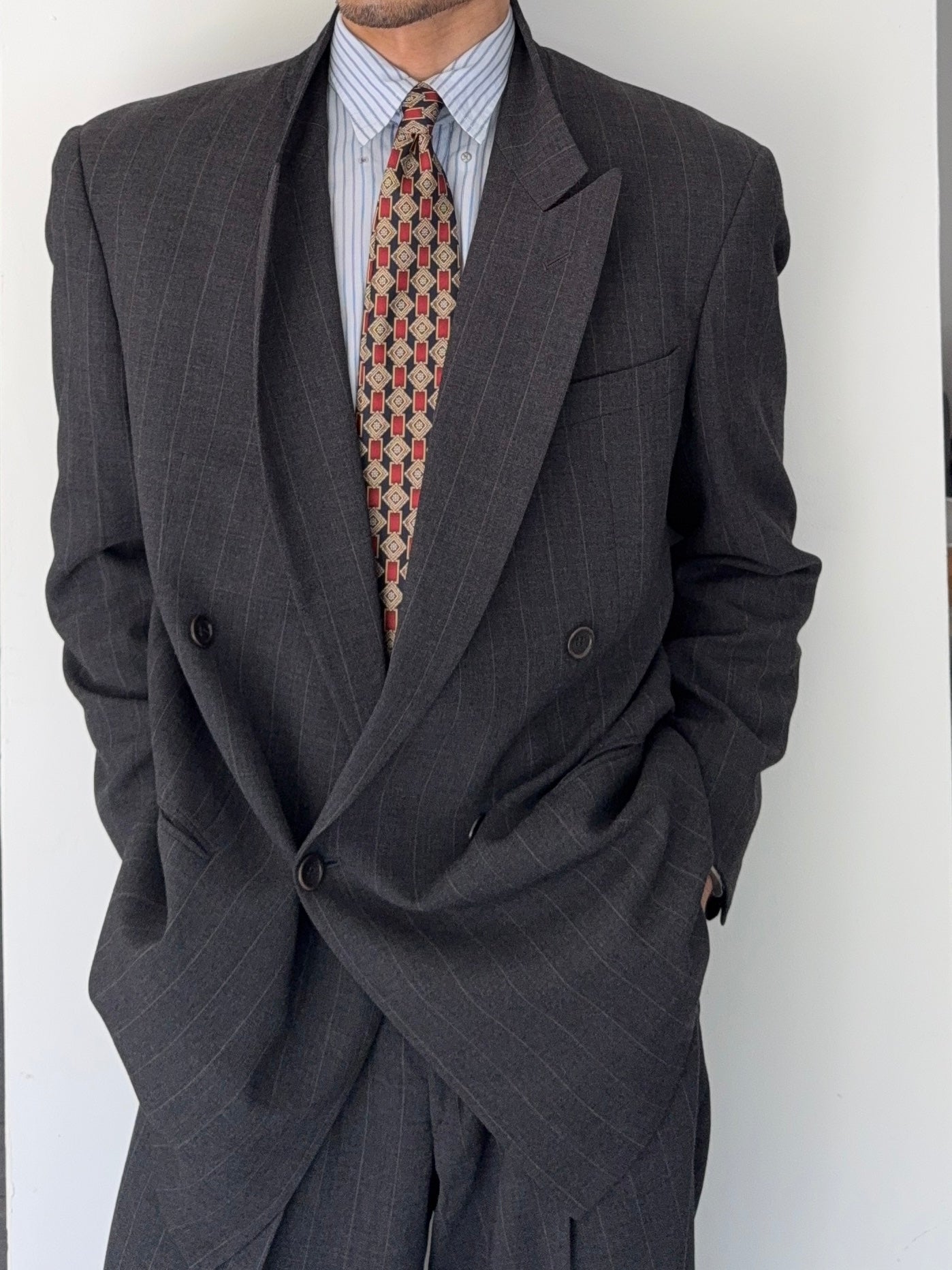 ひ*様 90s EMPORIO ARMANI rayon tailoredjac Armani 1990s Peaked Lapel Double Breasted Pleated Grey Striped