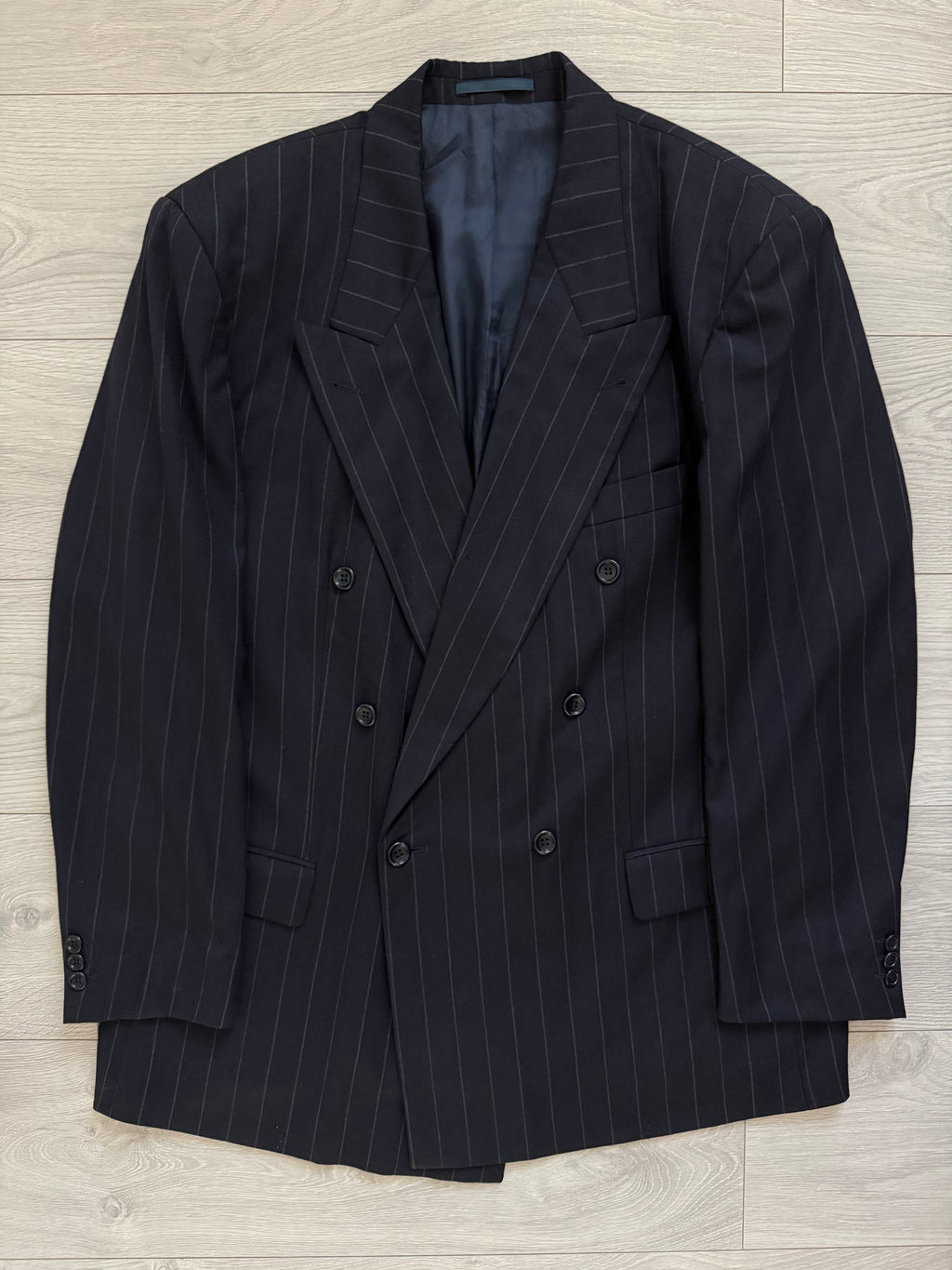 Hugo Boss 1980s 'Al Capone' Peak Lapel Double Breasted Pleated Striped Navy Suit - Size XXL Jacket / 36" Waist