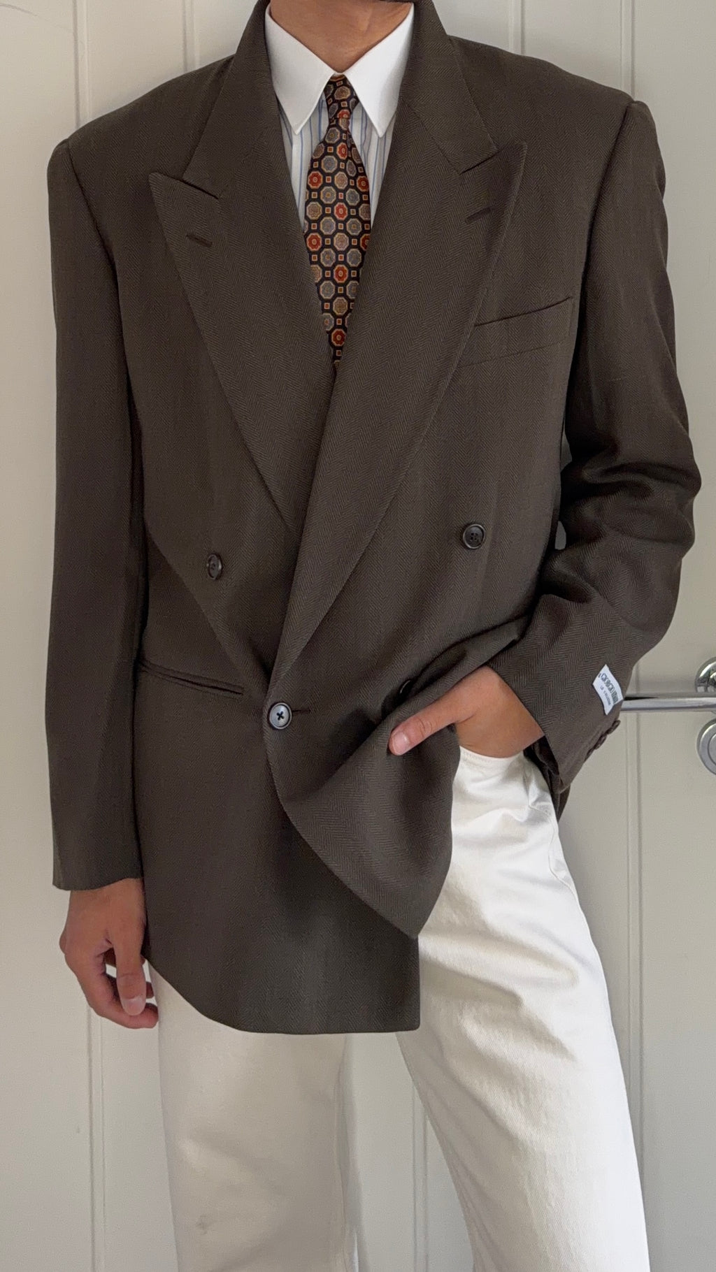 Giorgio Armani 1980s Peaked Lapel Double Breasted Brown Wool Sport Jacket Blazer - Size M