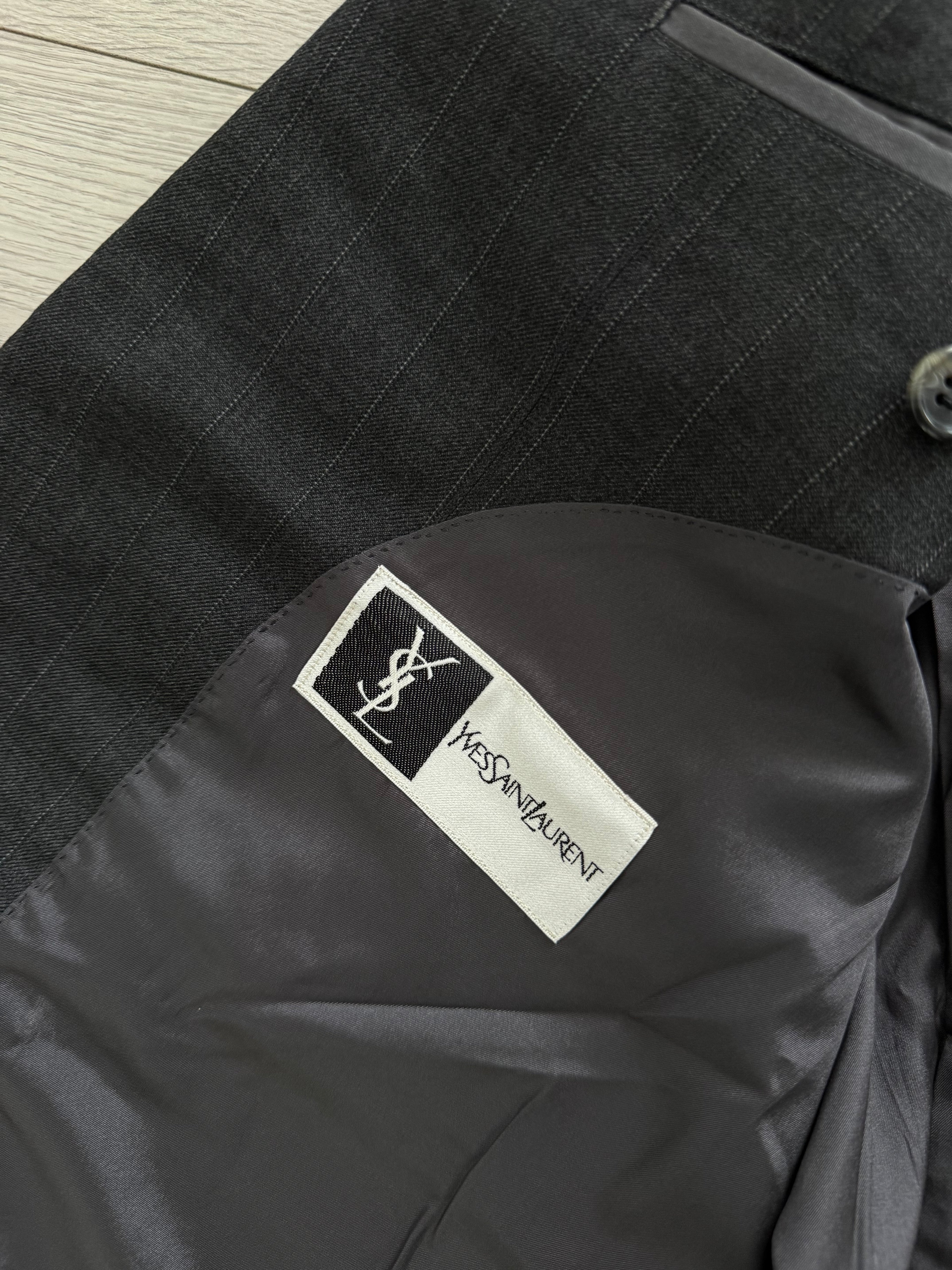 Yves Saint Laurent 1990s Double-Breasted Pleated Striped Grey Wool Suit - Size L Jacket / 32" Waist
