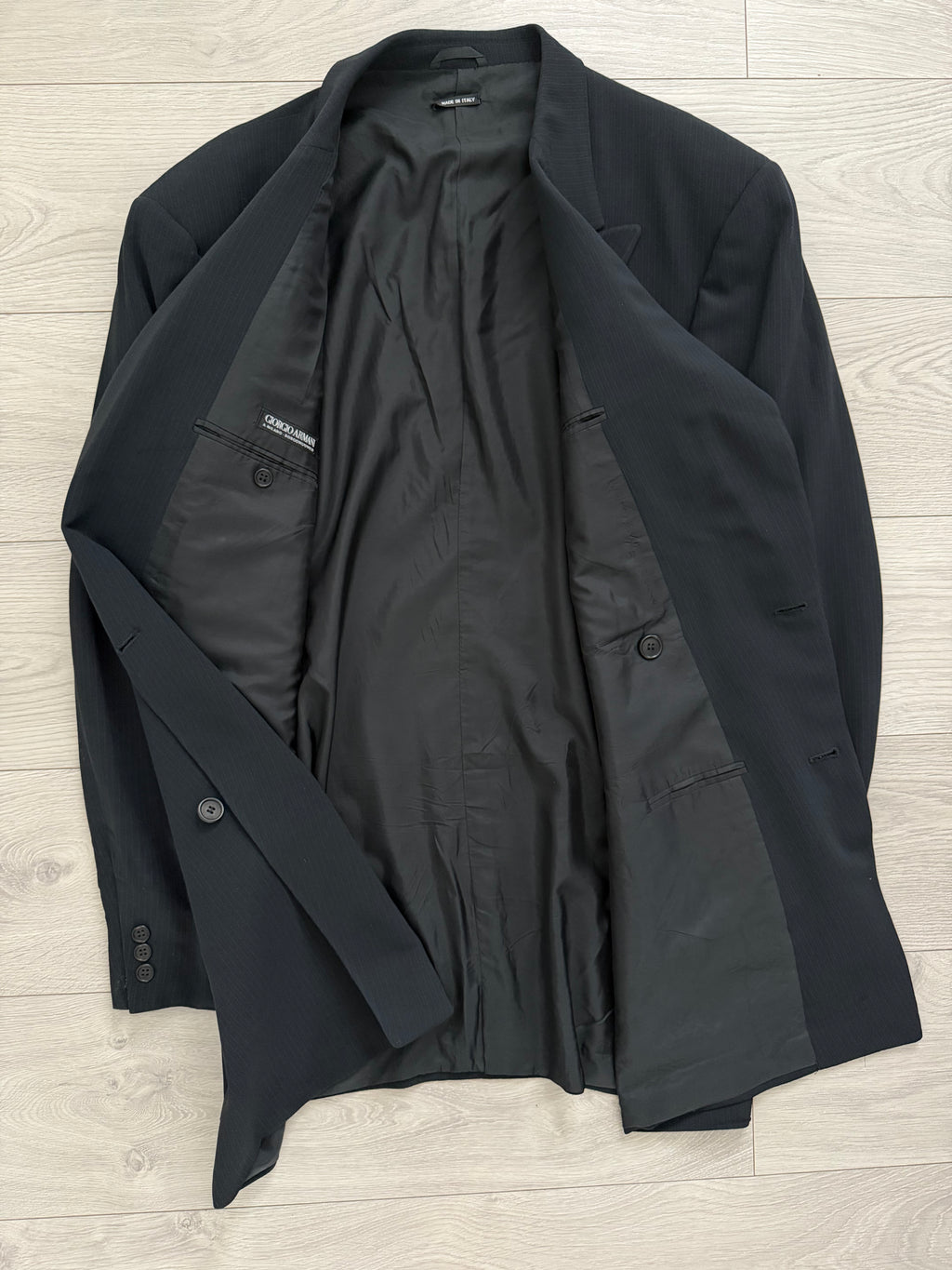Giorgio Armani Black Label 1990s Peaked Lapel Double Breasted Pleated Wool Suit - Size XXXL Jacket / 40" Waist