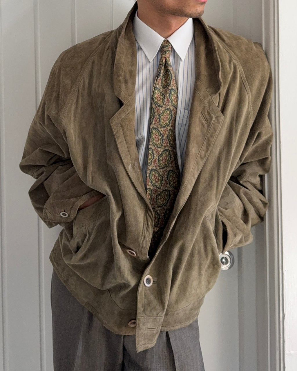 Hugo Boss 1980s Olive Suede Tailored Blouson Jacket - Size XL