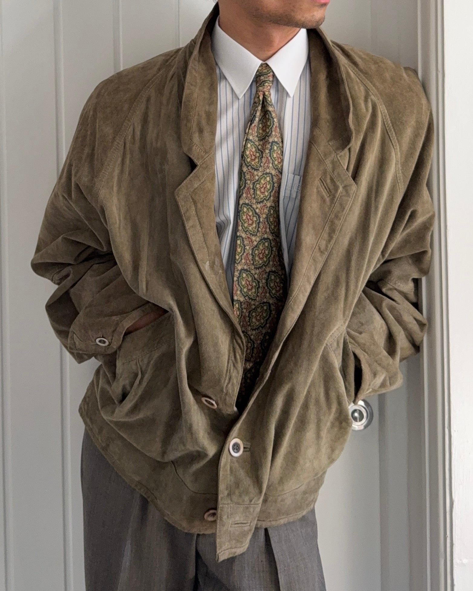 Hugo Boss 1980s Olive Suede Tailored Blouson Jacket - Size XL