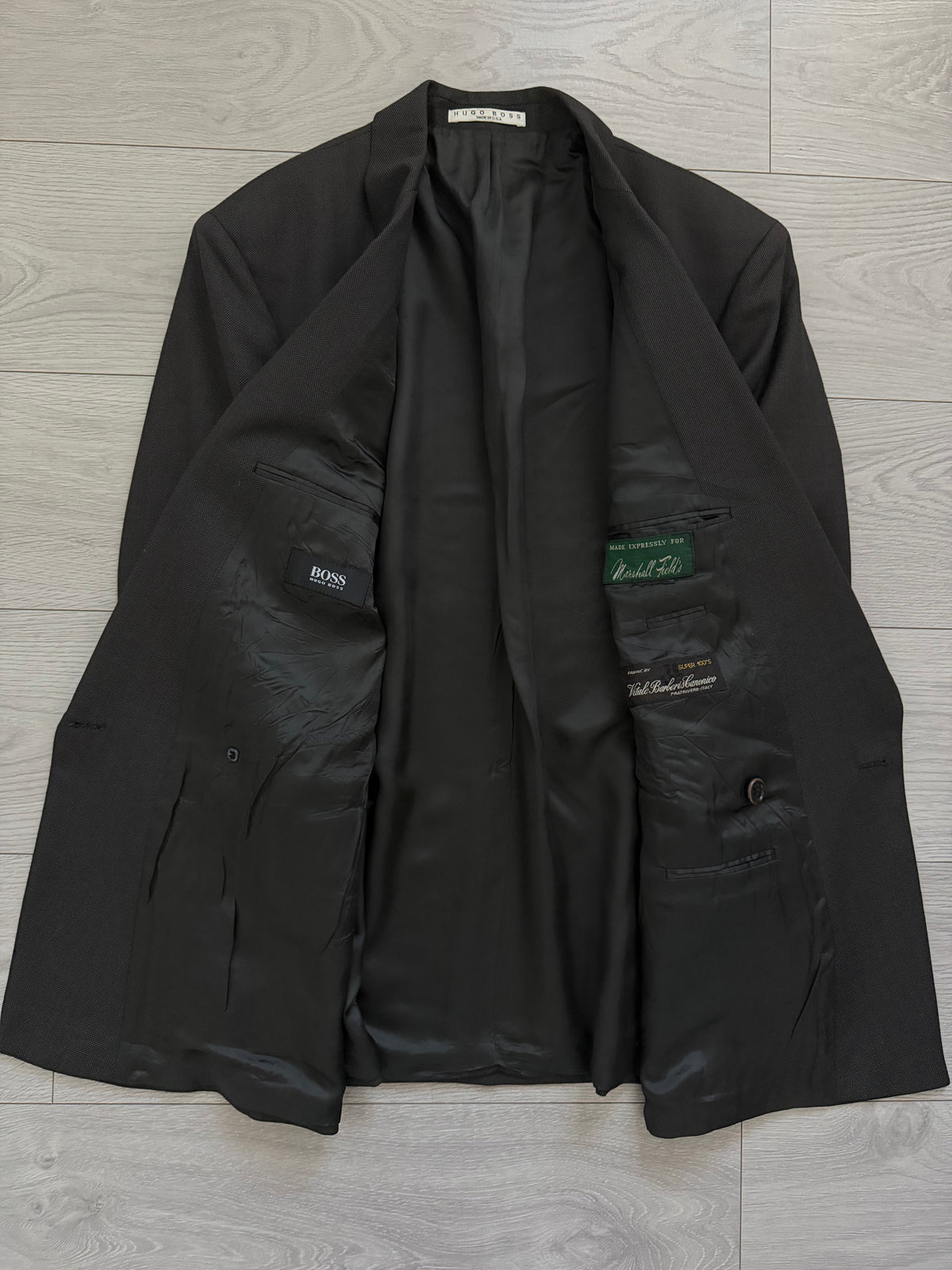 Hugo Boss 1980s Super 100s Peaked Lapel Double Breasted Wool Taupe Brown Sport Jacket Blazer - Size L