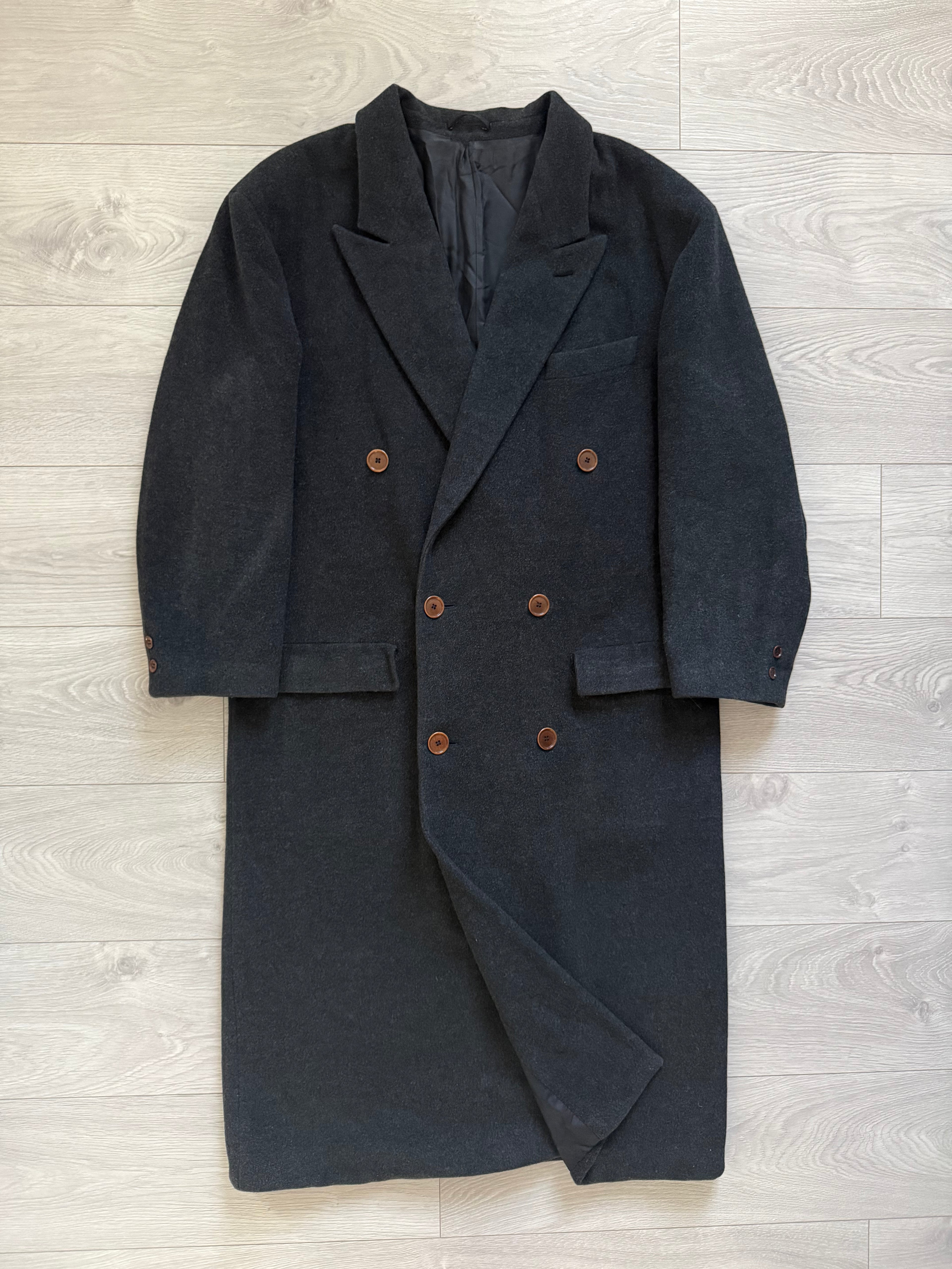 Hugo Boss 1980s 'Facel Vega' Double-Breasted Peaked Lapel Long Wool Coat - Size L