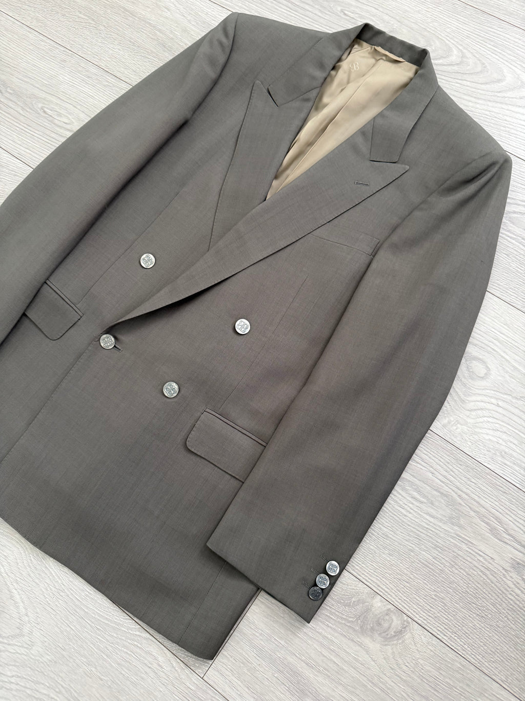 Balenciaga 1990s Peaked Lapel Double Breasted Metal Button Wool Khaki Suit - Size M Jacket / 36" Waist