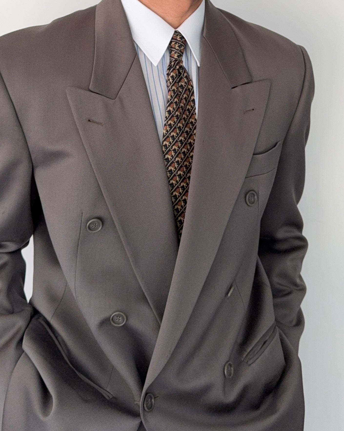 Hugo Boss 1980s 'Mitford' Peak Lapel Double Breasted Pleated Taupe Green Suit - Size L Jacket / 30" Waist