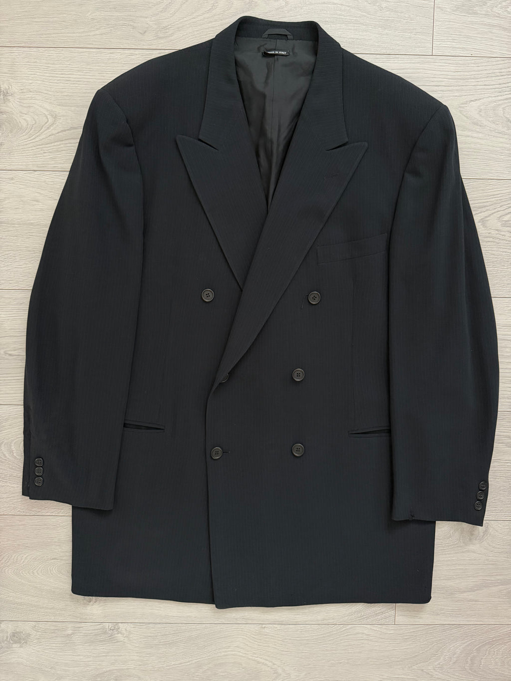 Giorgio Armani Black Label 1990s Peaked Lapel Double Breasted Pleated Wool Suit - Size XXXL Jacket / 40" Waist