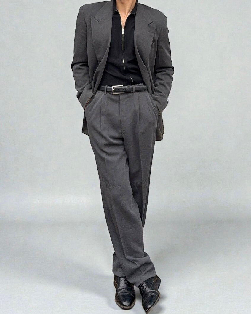 Giorgio Armani 1980s Double Breasted Pleated Wool Suit Steel Charcoal New - Size L Jacket / 32" Waist