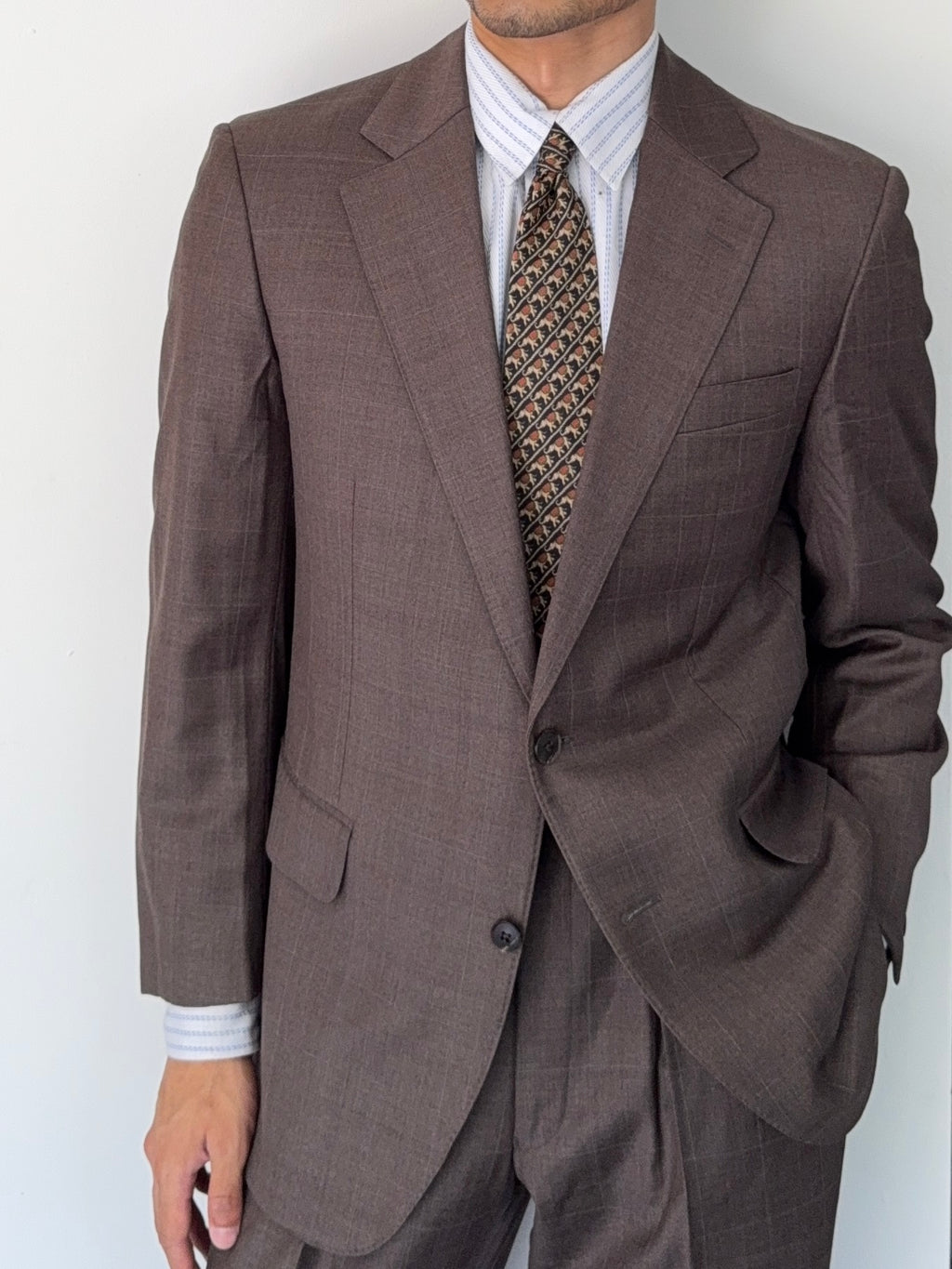 Burberry 1990s 2B Zegna Wool Check Double-Pleat Brown Suit - Size M Jacket / 33" Waist