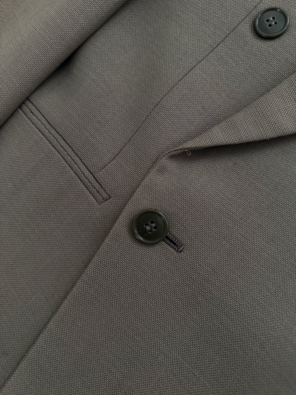 Giorgio Armani 1980s Taupe Green Peaked Lapel Double Breasted Pleated Wool Suit - Size S Jacket / 28" Waist