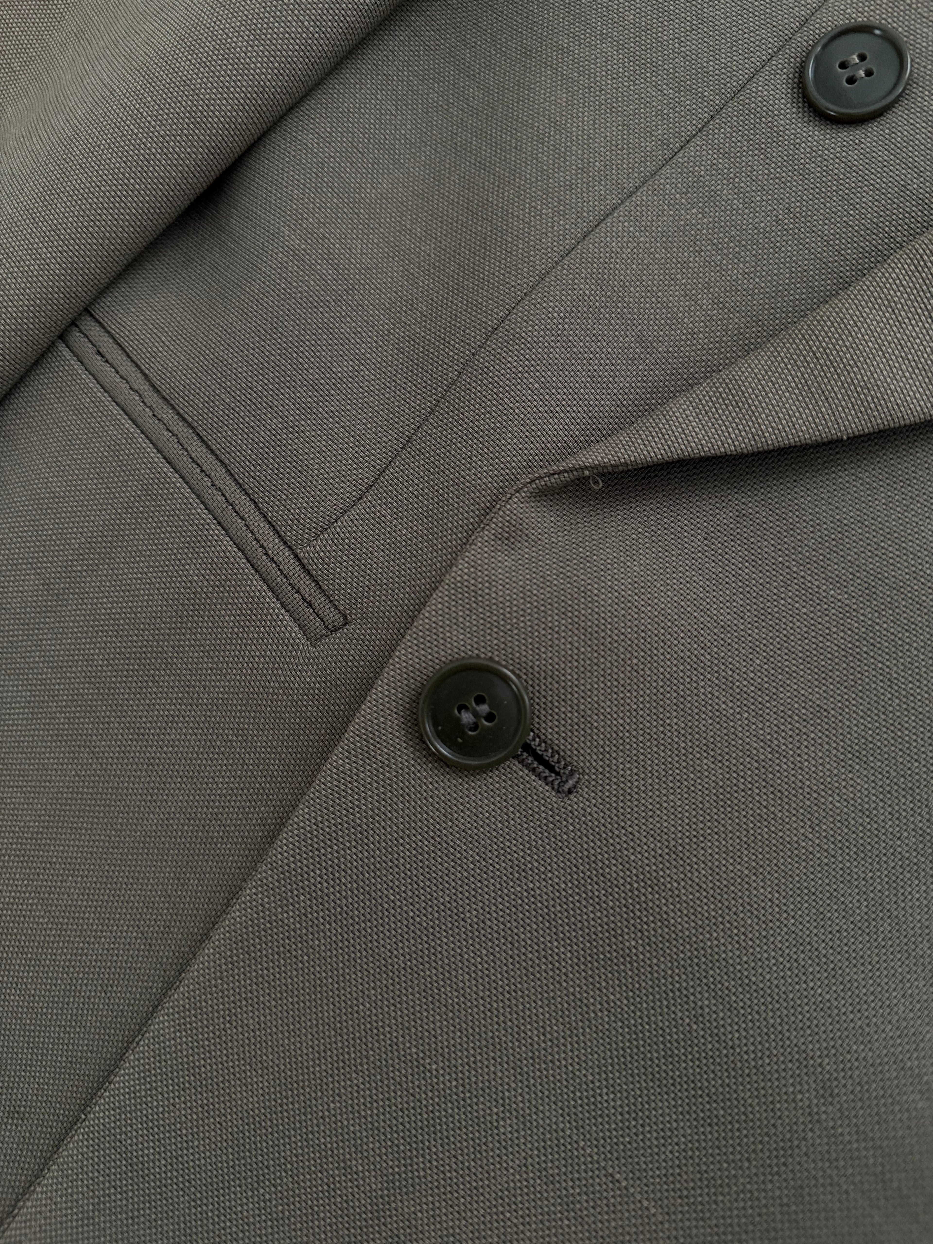 Giorgio Armani 1980s Taupe Green Peaked Lapel Double Breasted Pleated Wool Suit - Size S Jacket / 28" Waist