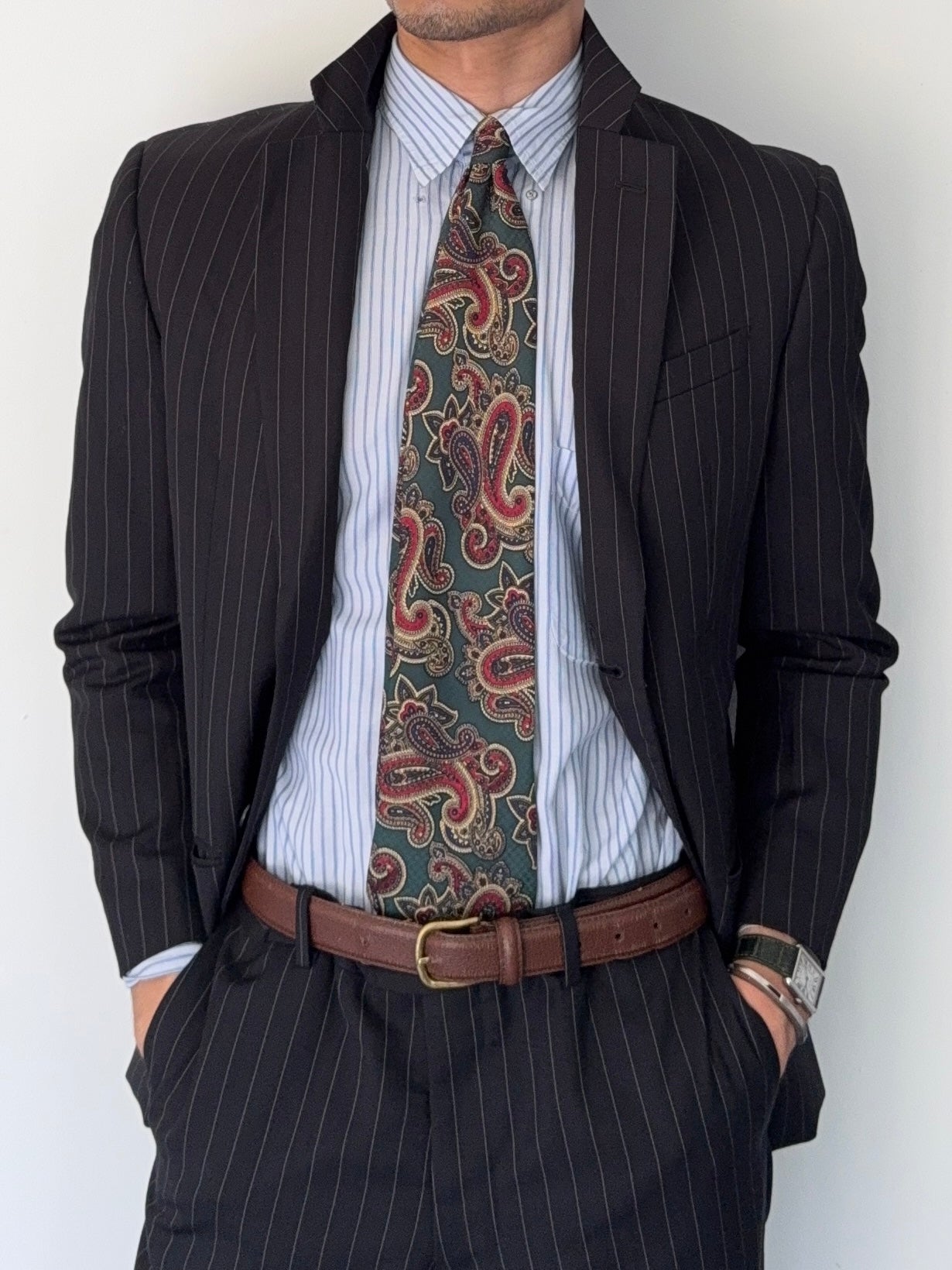 Armani 1990s 2B Striped Pleated Wool Suit - Size S Jacket / 32