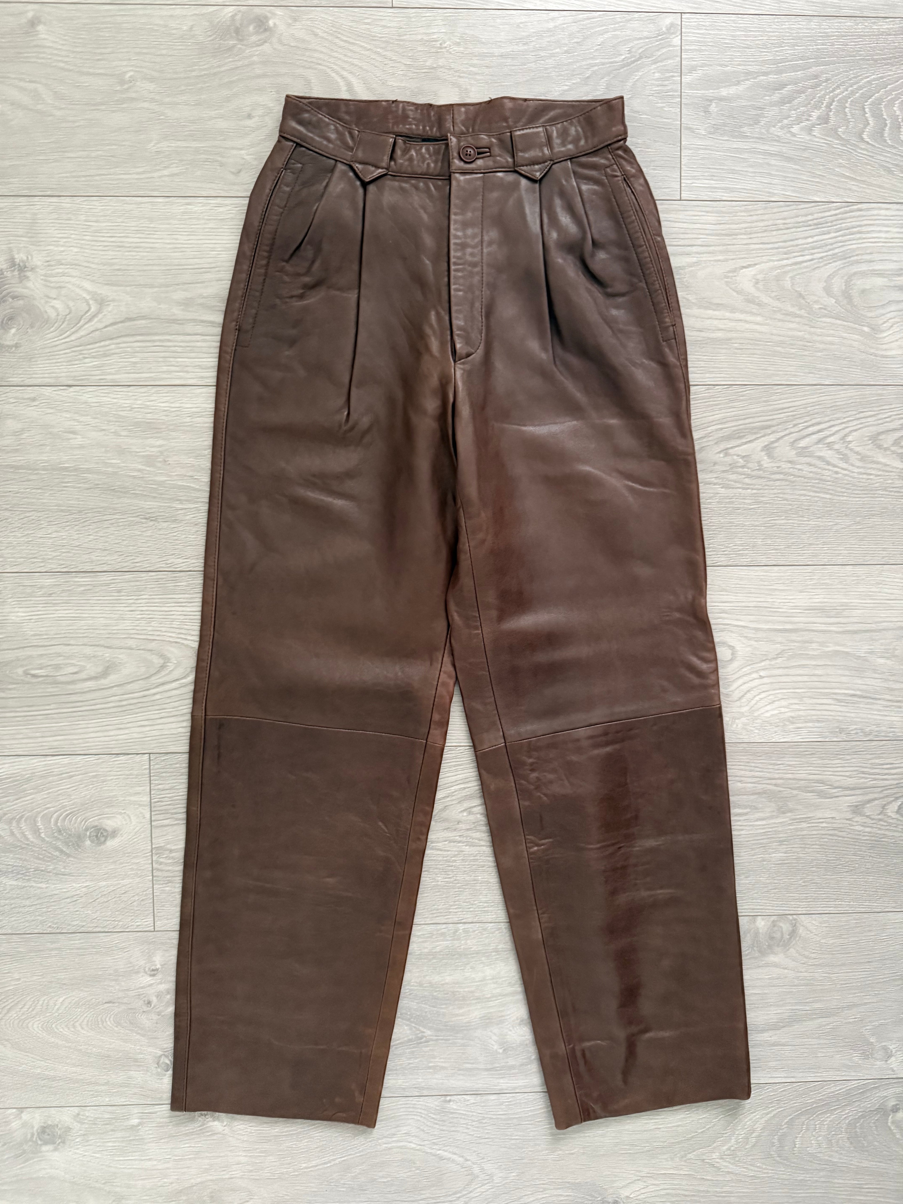 Valentino 1980s Pleated Leather Brown Pants - Size 30" Waist
