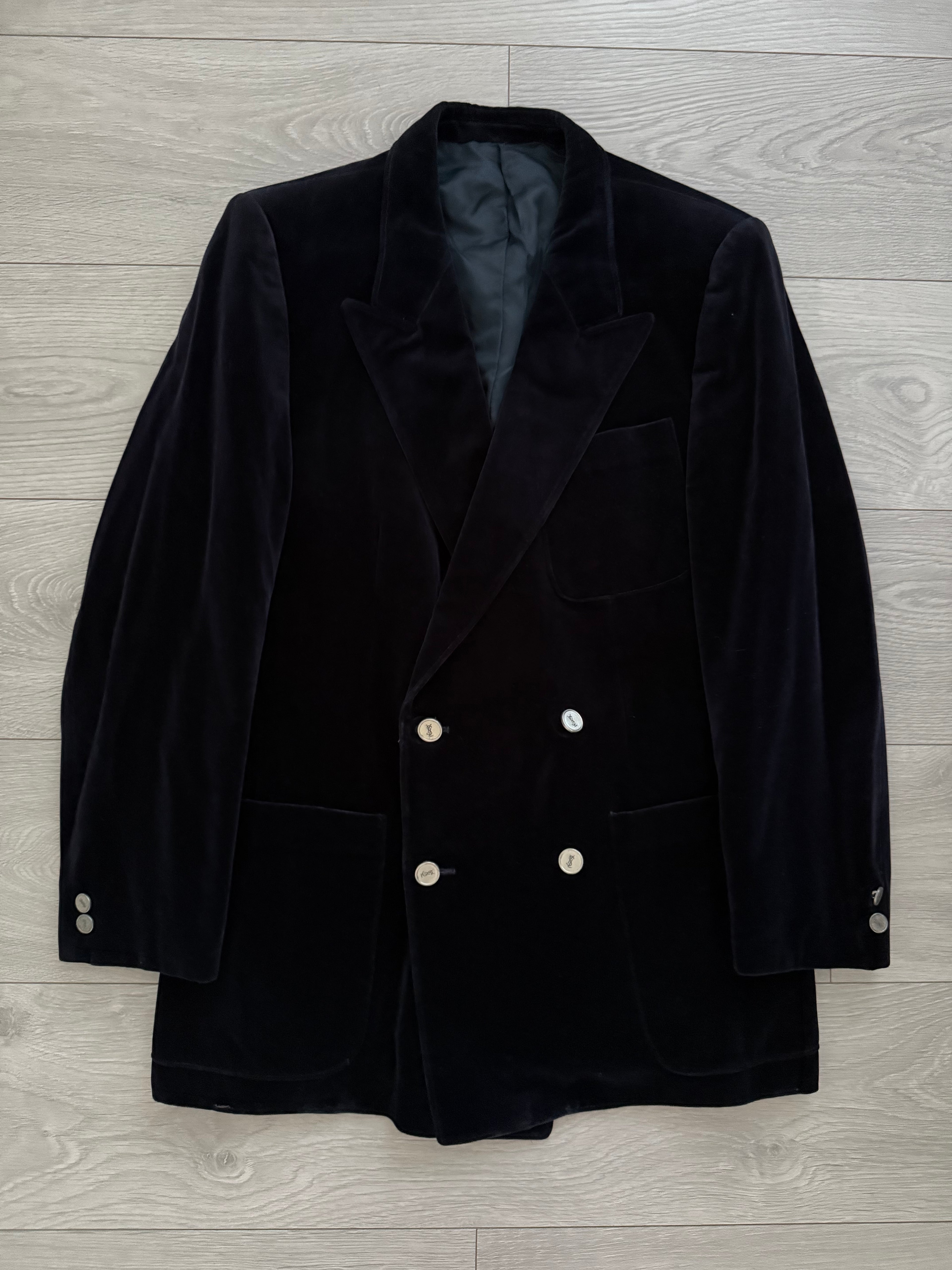 Yves Saint Laurent 1980s Velvet Peaked Lapel Double Breasted Metal Button Blazer Jacket - Size S