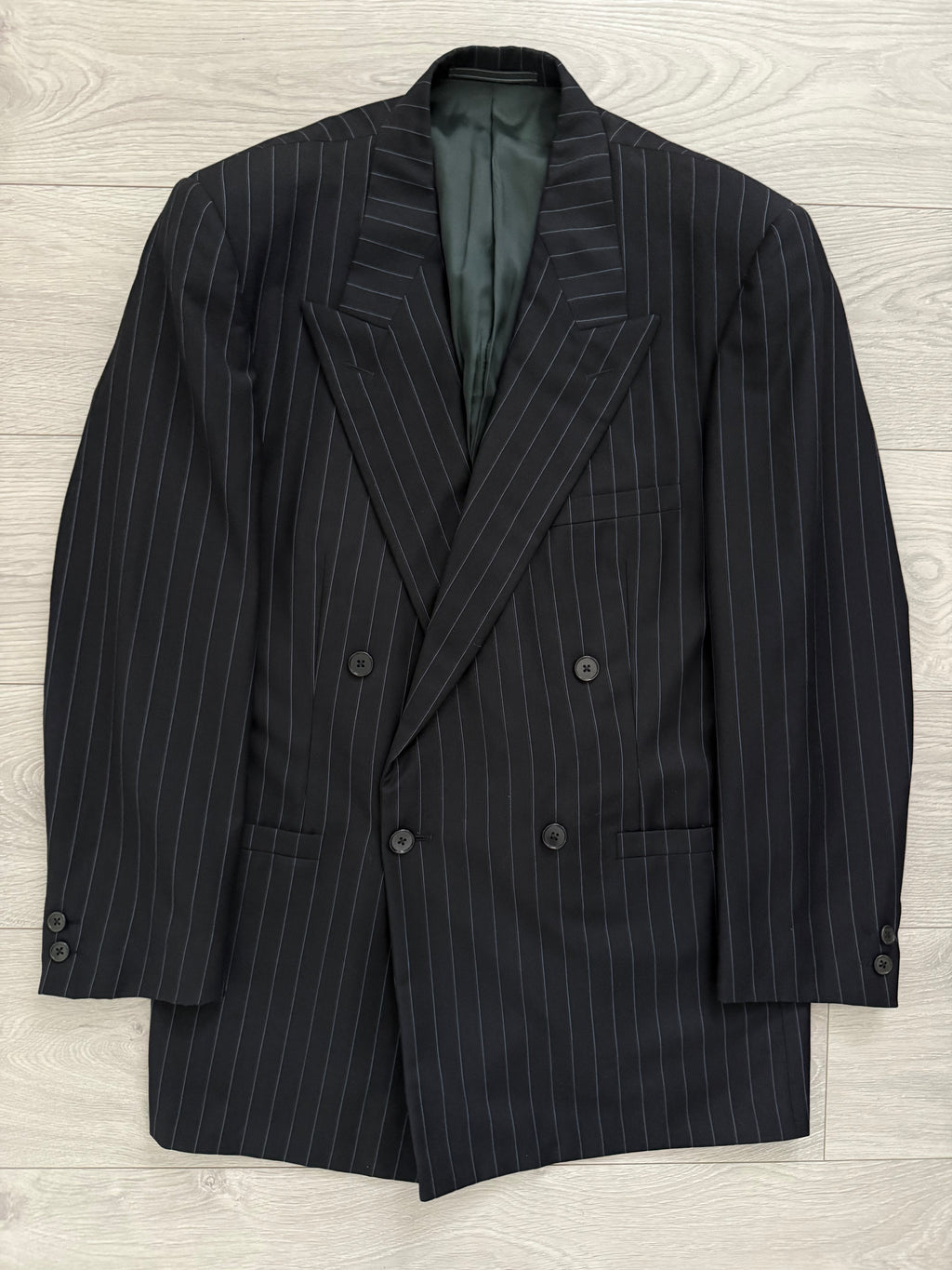 Versace 1980s Peak Lapel Double Breasted Triple Pleated Wool Striped Suit - Size L Jacket / 33" Waist