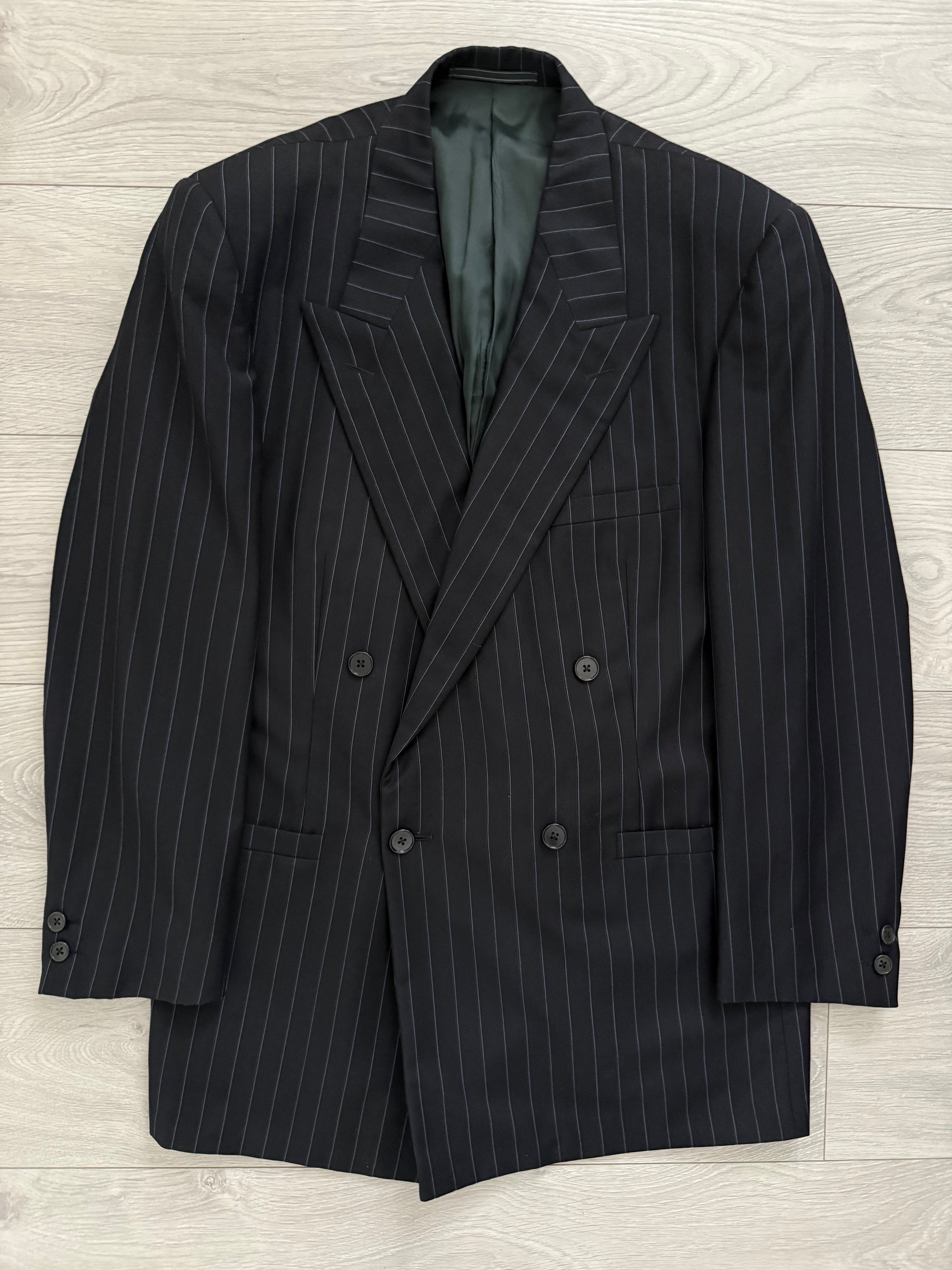 Versace 1980s Peak Lapel Double Breasted Triple Pleated Wool Striped Suit - Size L Jacket / 33" Waist