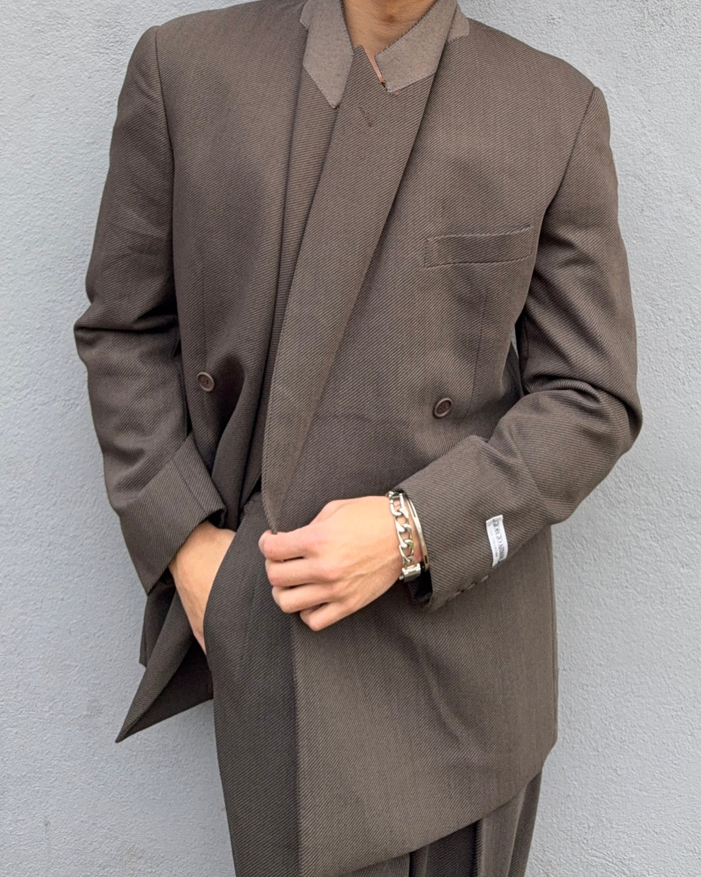 Giorgio Armani 1980s Double Breasted Pleated Wool Suit Brown New - Size L Jacket / 32" Waist