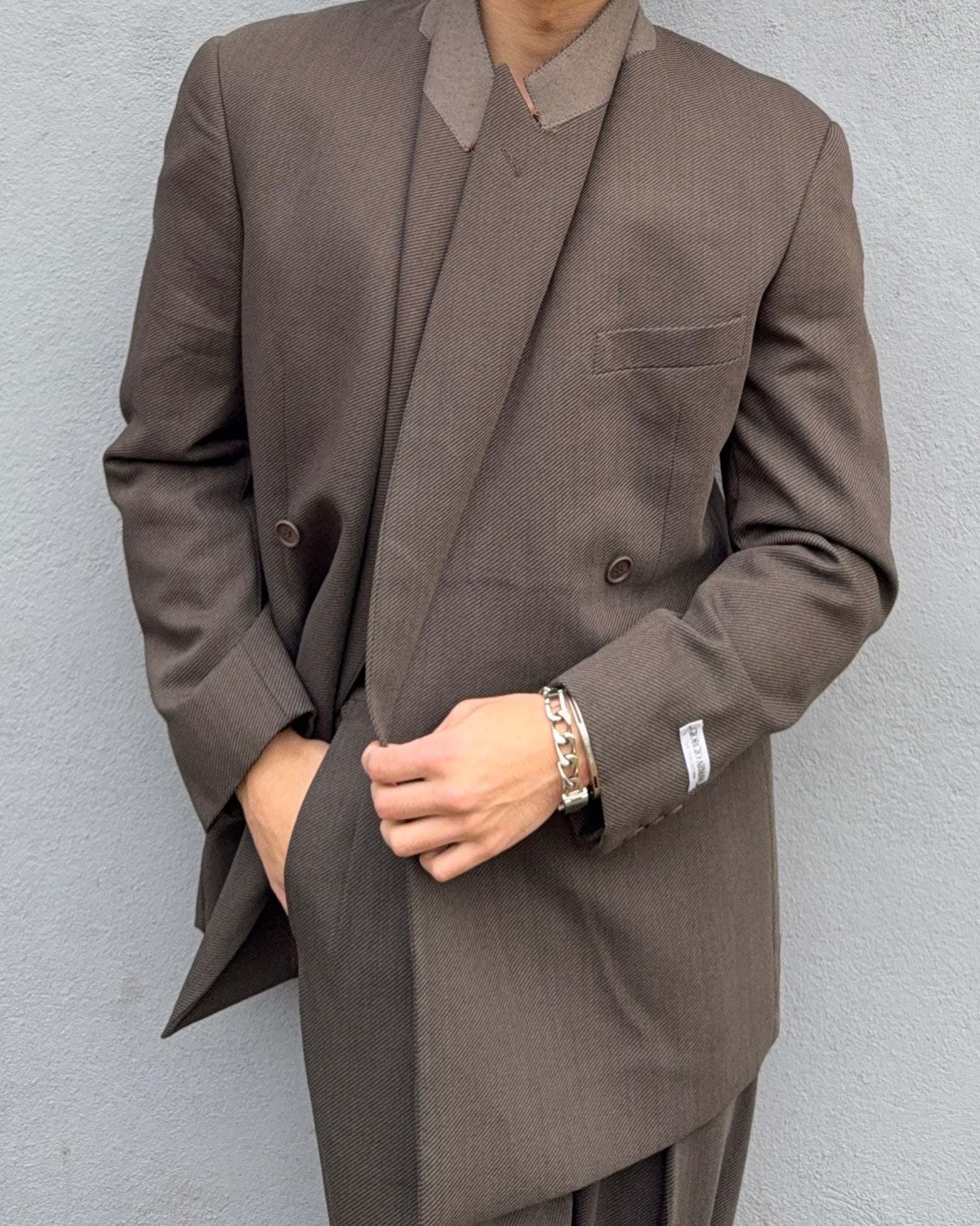 Giorgio Armani 1980s Double Breasted Pleated Wool Suit Brown New - Size L Jacket / 32" Waist