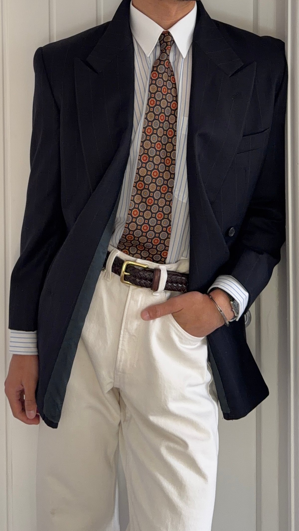 Giorgio Armani 1980s Peaked Lapel Double Breasted Navy Wool Sport Jacket Blazer - Size M