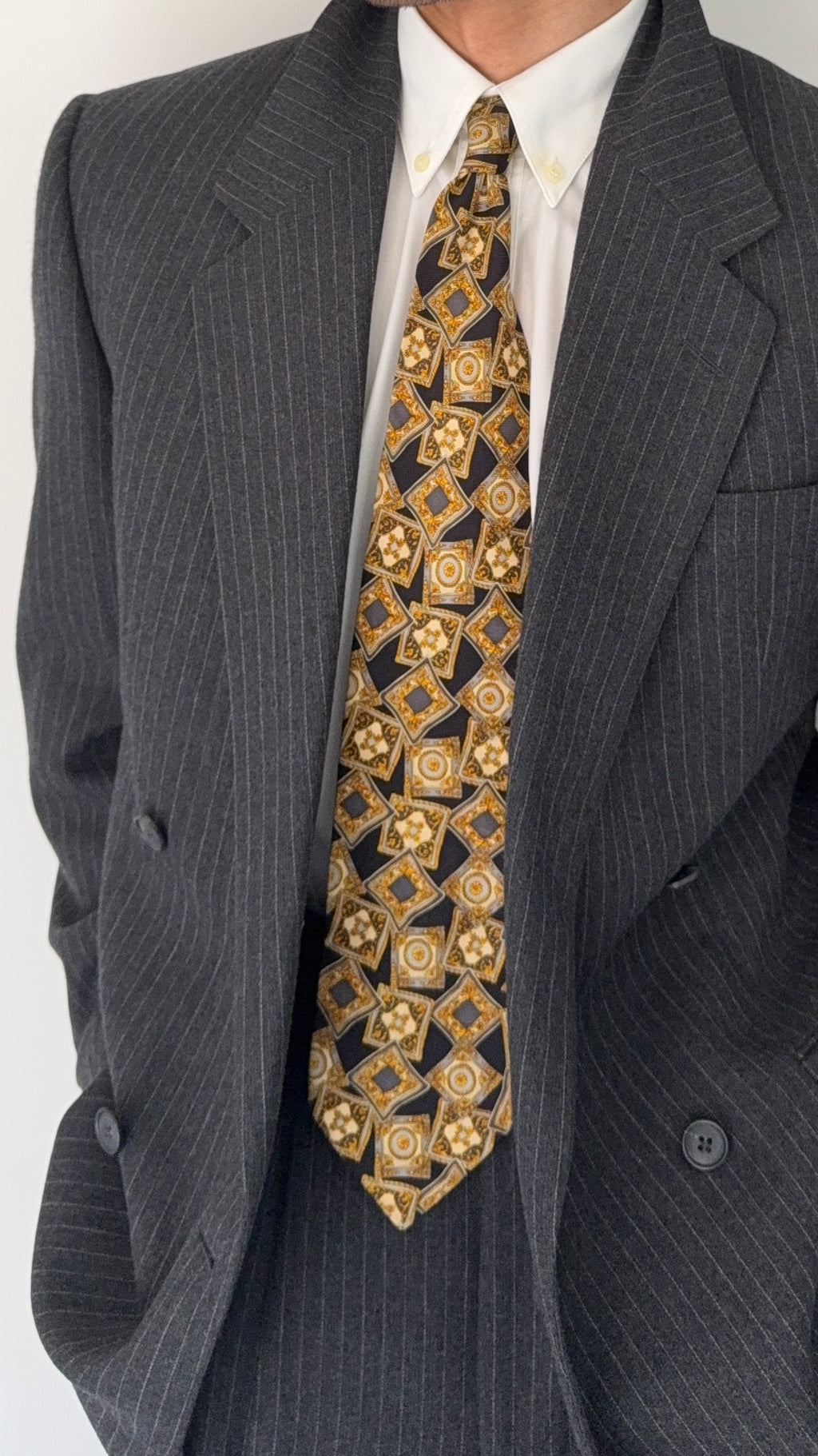 Versace 1980s Notch Lapel Double Breasted Pleated Wool Pinstriped Suit Grey - Size M Jacket / 32" Waist