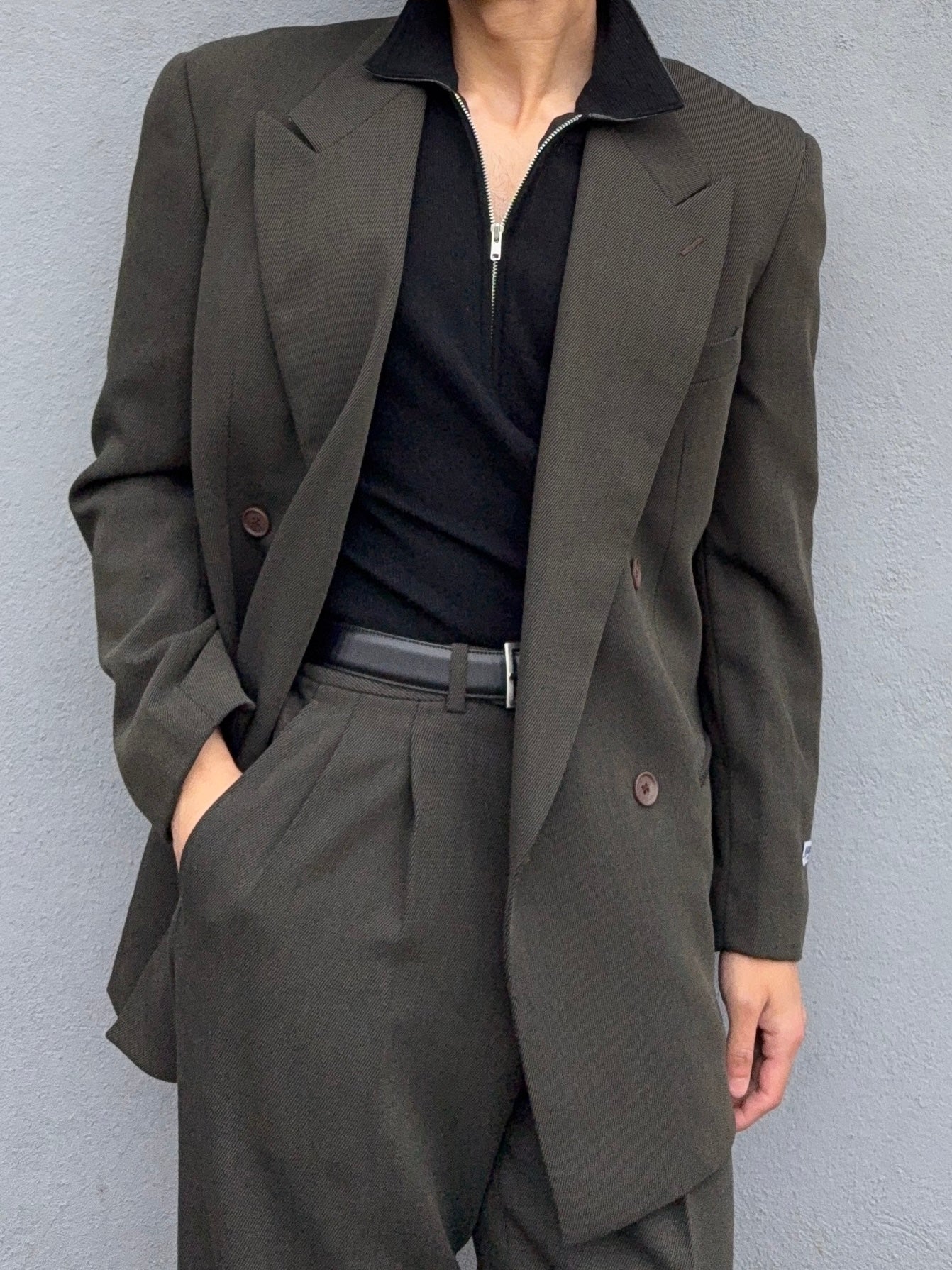 Giorgio Armani 1980s Double Breasted Pleated Wool Suit Forest Green New - Size L Jacket / 32" Waist `