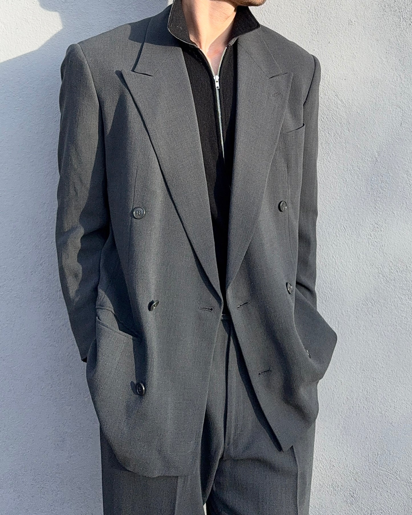 Giorgio Armani 1990s Double Breasted Draped Pleated Wool Suit - Size L Jacket / 32" Waist